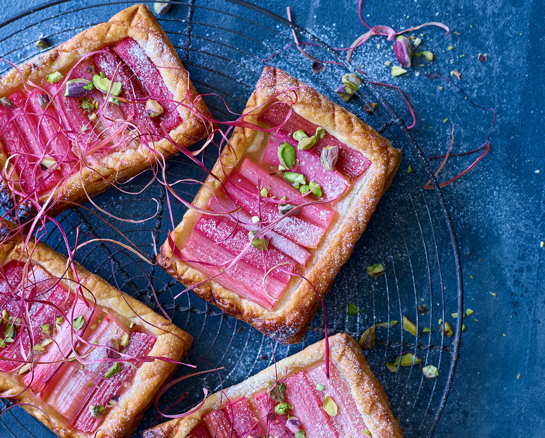 Rhubarb & Pistachio Tarts with Stem Ginger Crème Fraîche