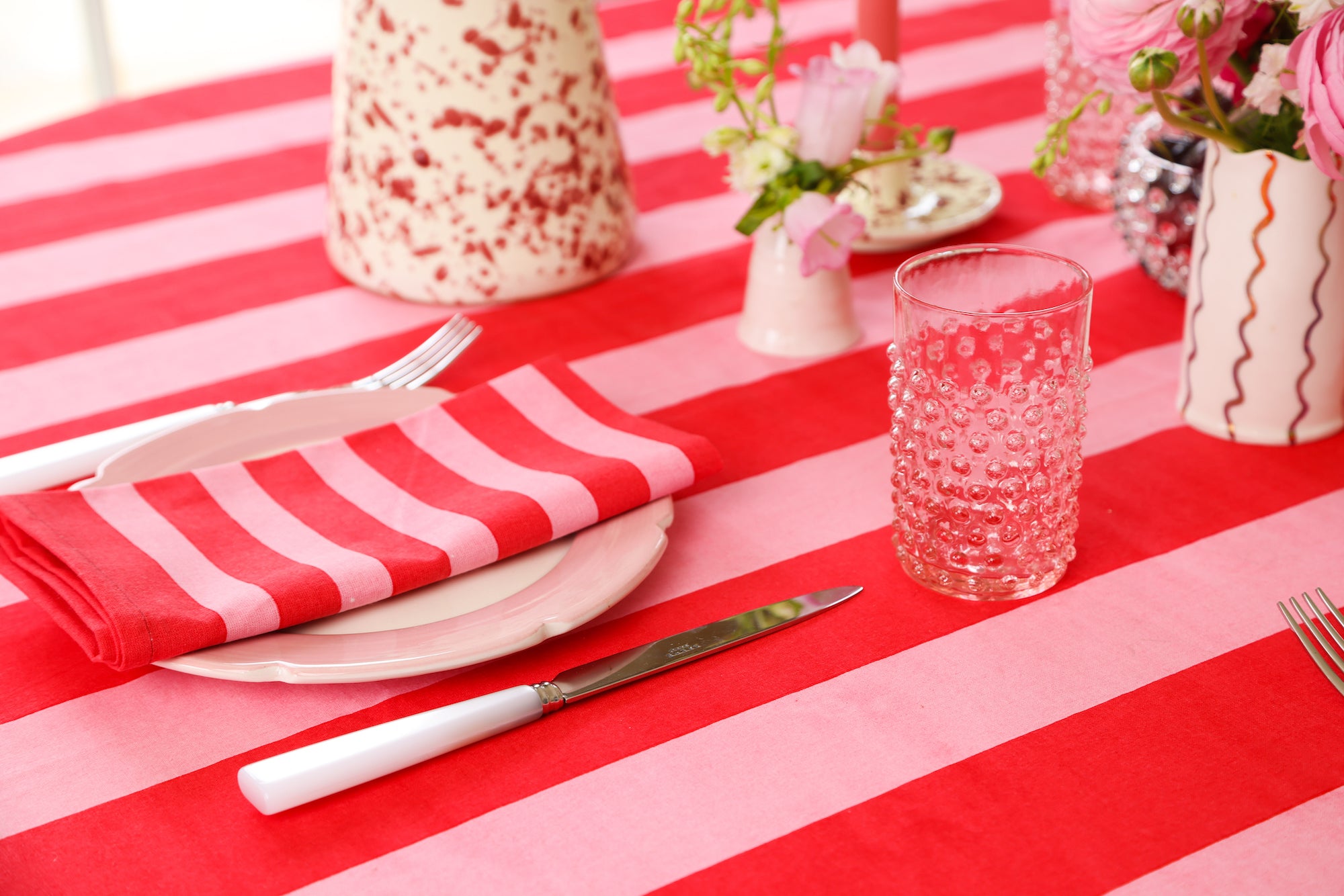 Pink & red table cloth with matching napkin