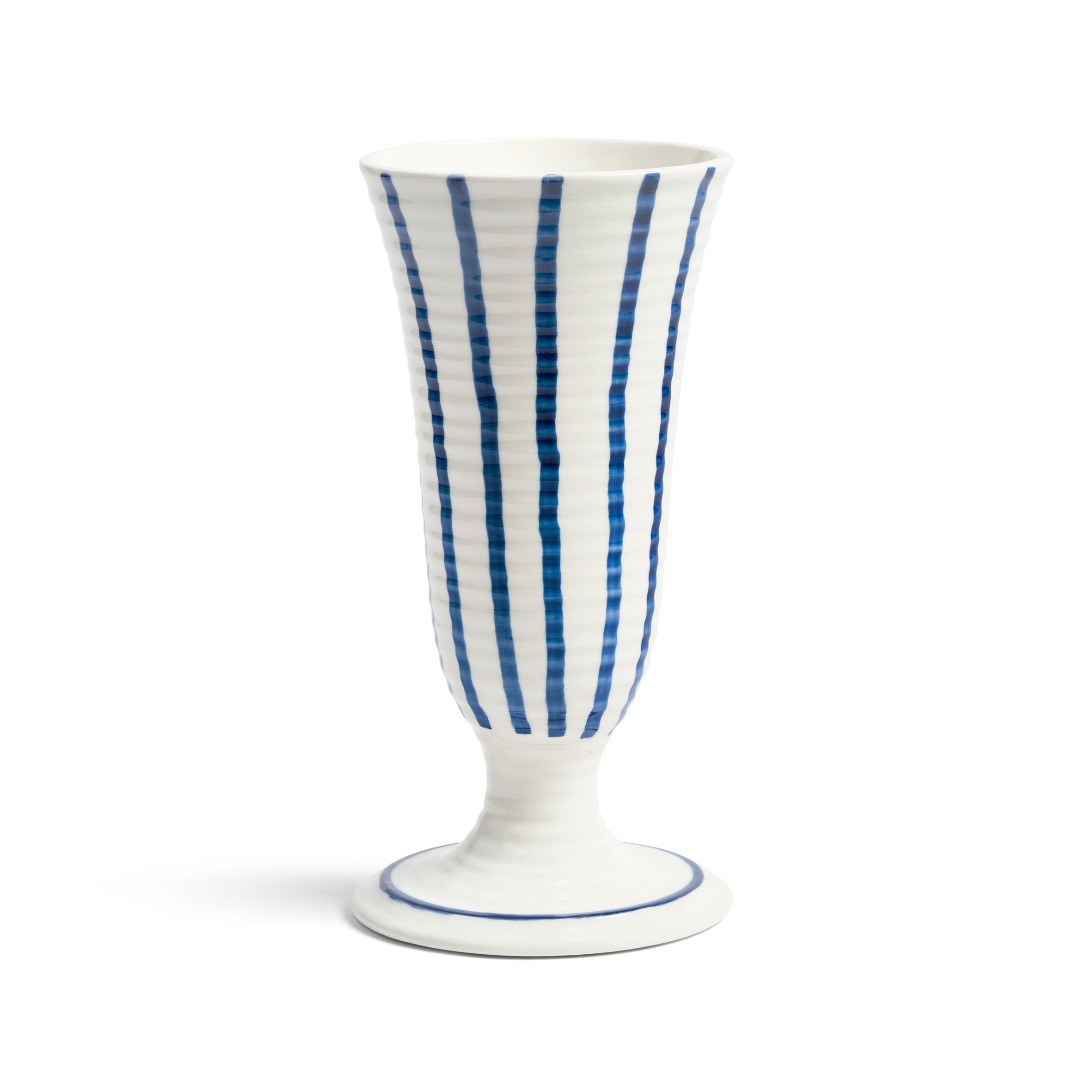 White vase with blue stripes on a white background