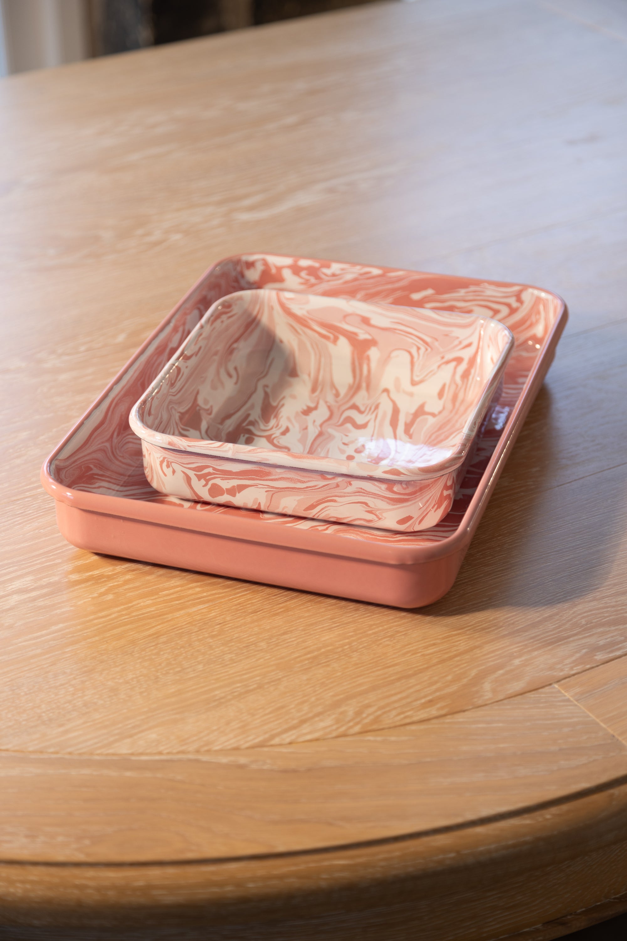 Pink marble rectangle enamel baking dishes