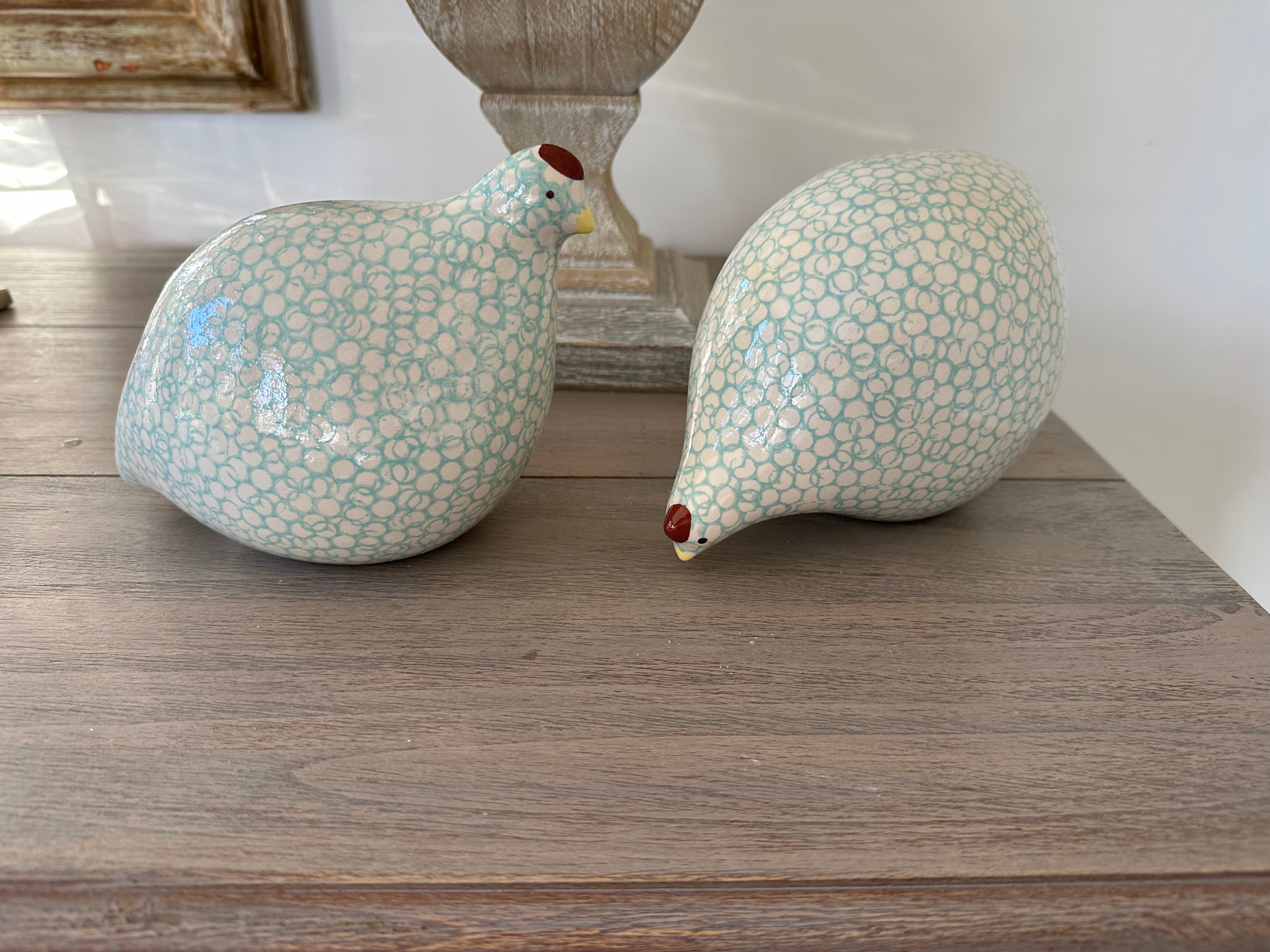 ceramic quail, white with turquoise 