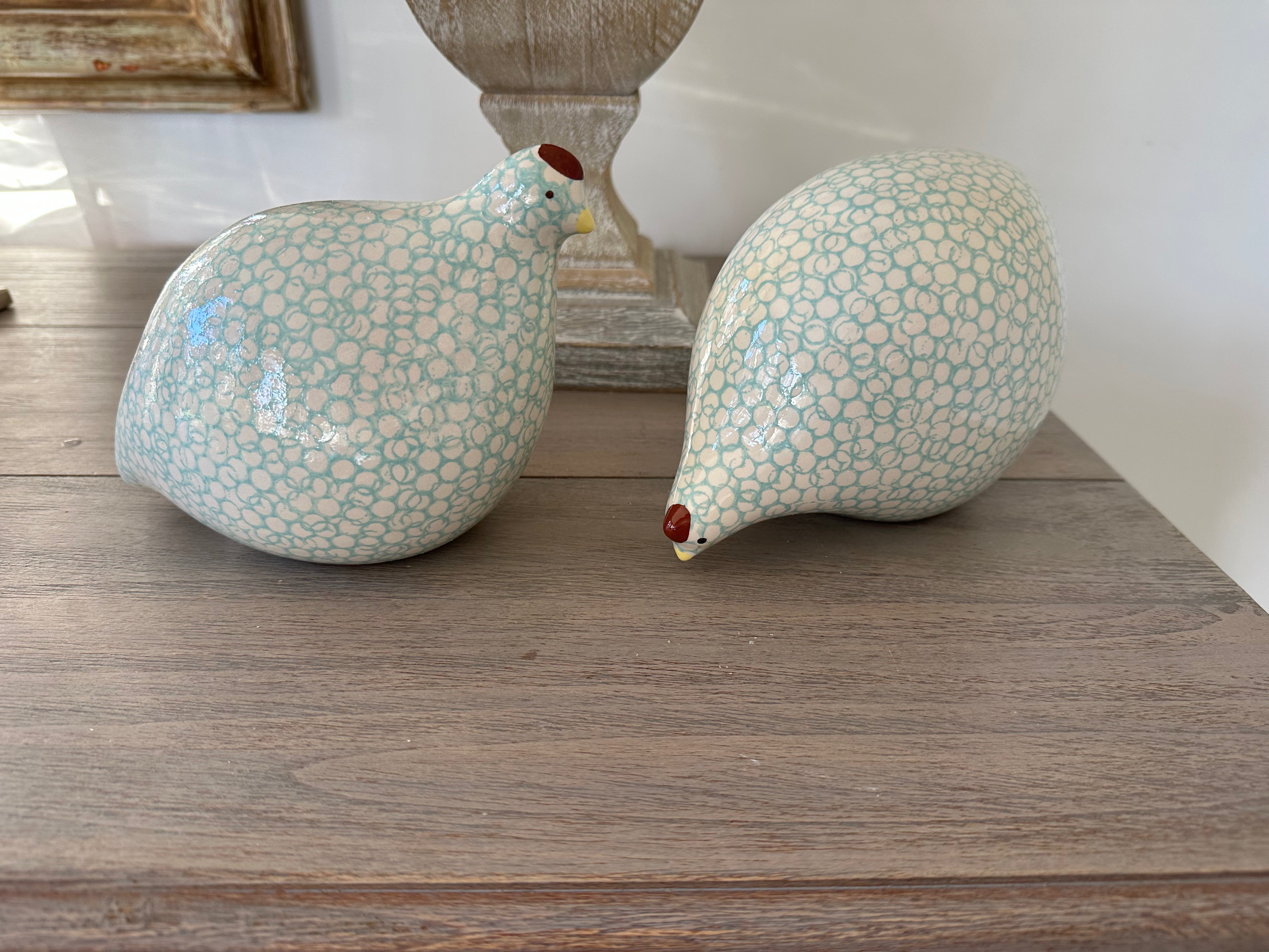 ceramic quail, white with turquoise
