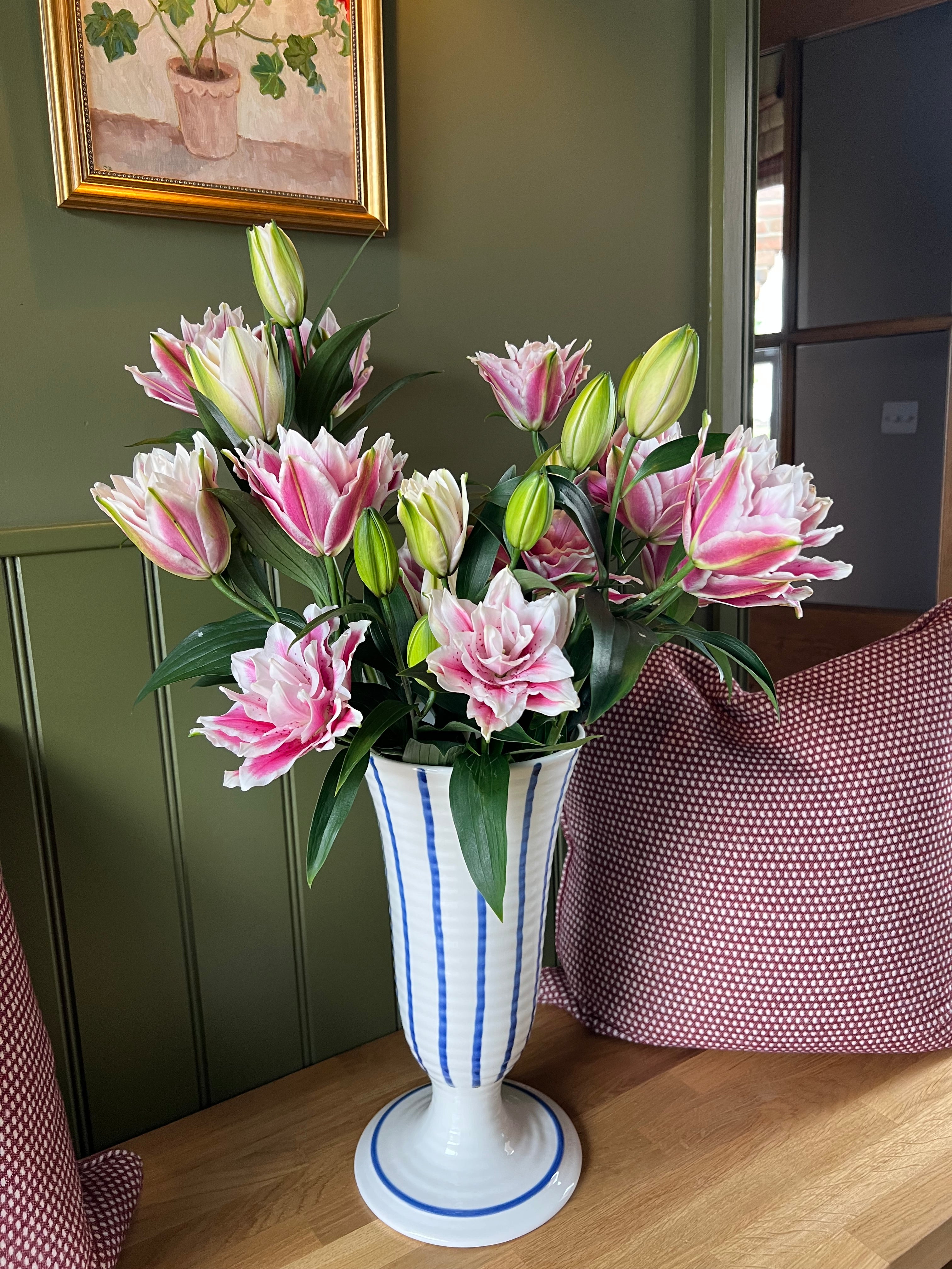 Large blue and white striped vase