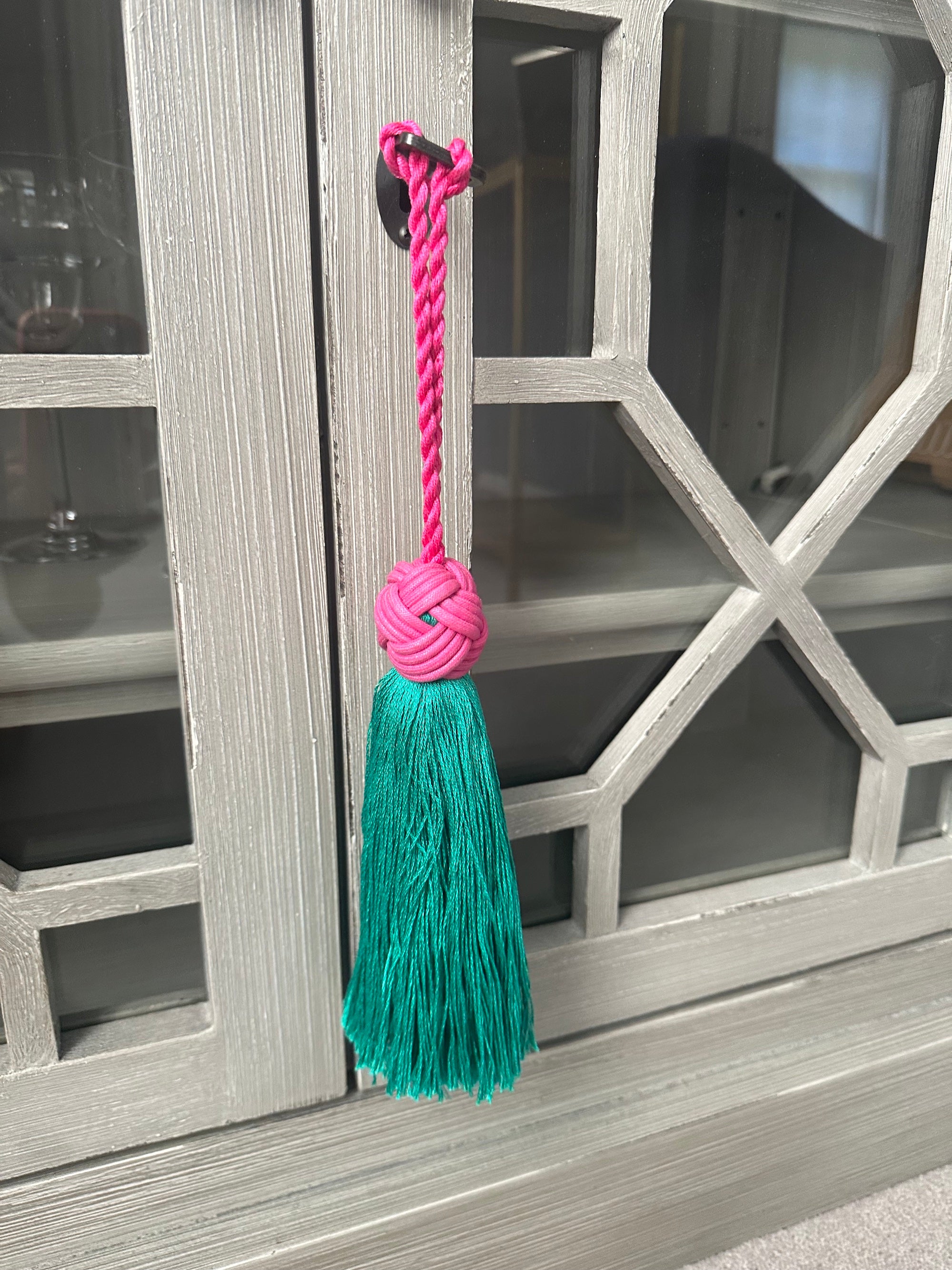 Chunky jade green and pink key tassel