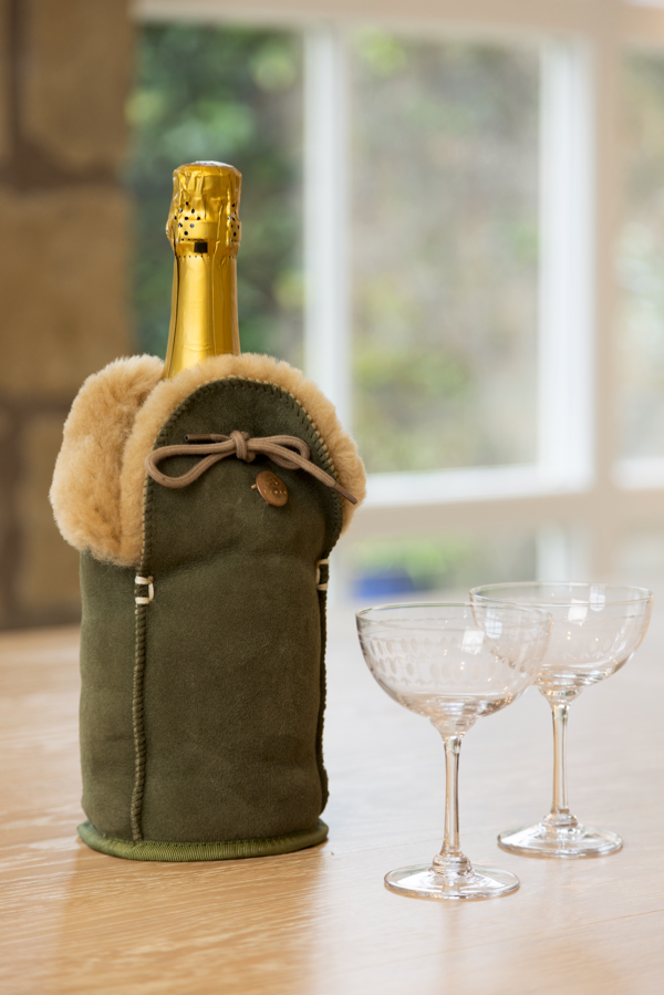 Sheepskin olive suede bottle cooler