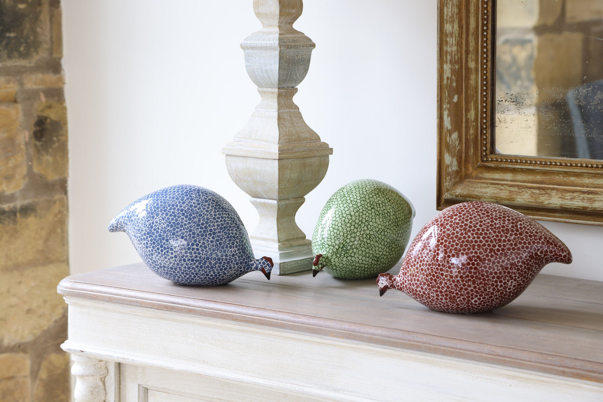 Ceramic Guinea Fowl | Red with white spots | Pecking