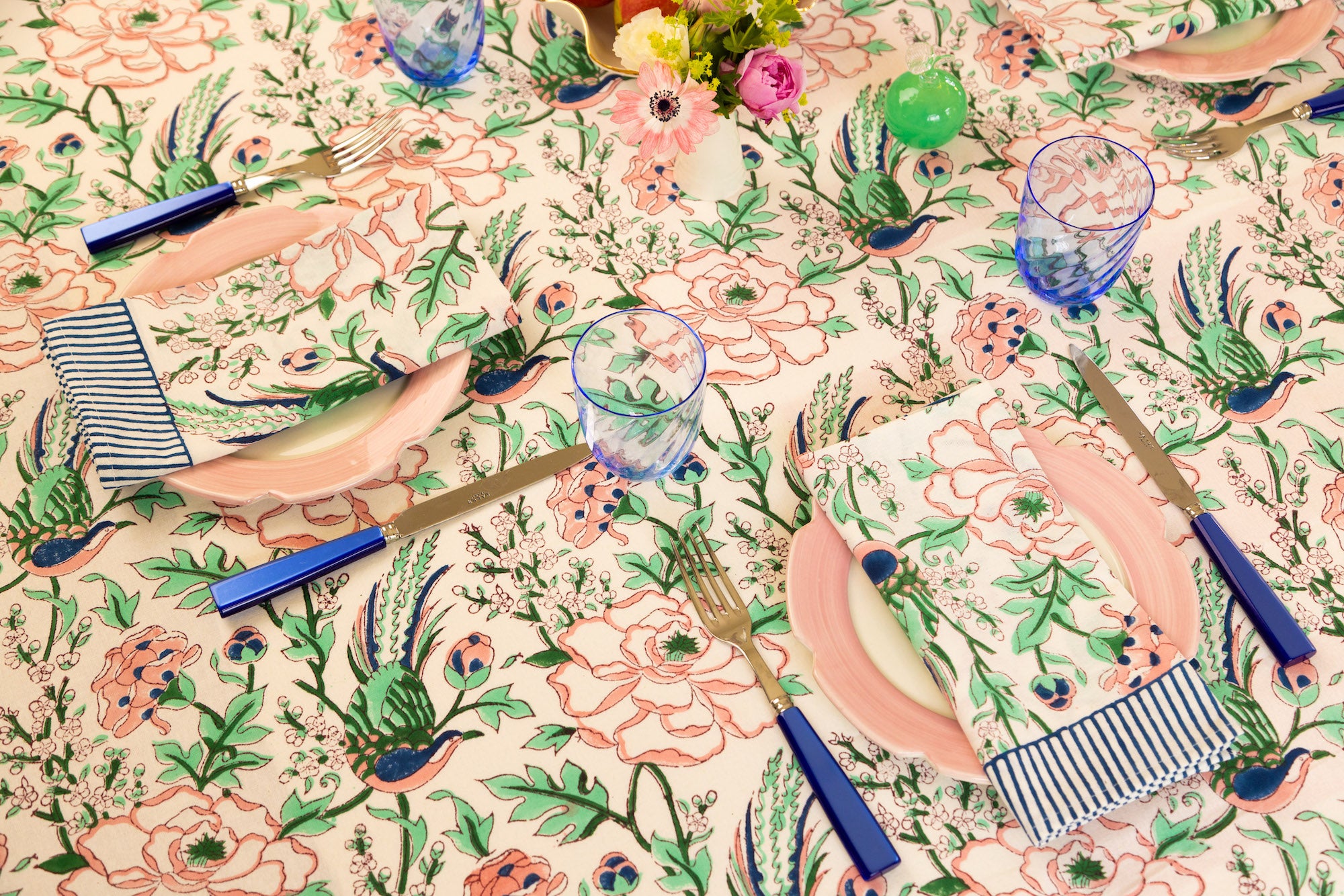 Pink, Blue and green paradise print tablecloth and napkins