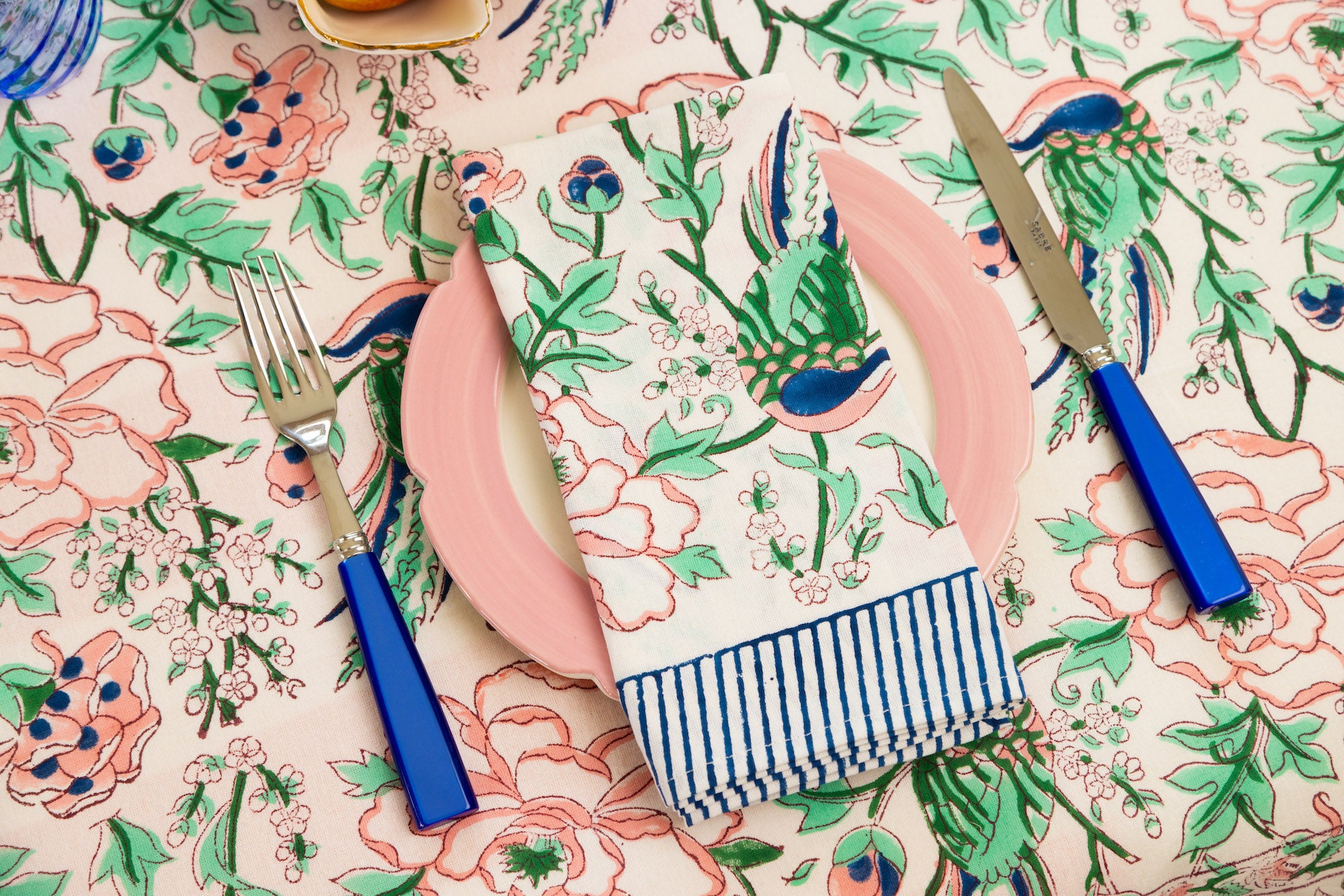 Pink green and blue paradise print table cloth