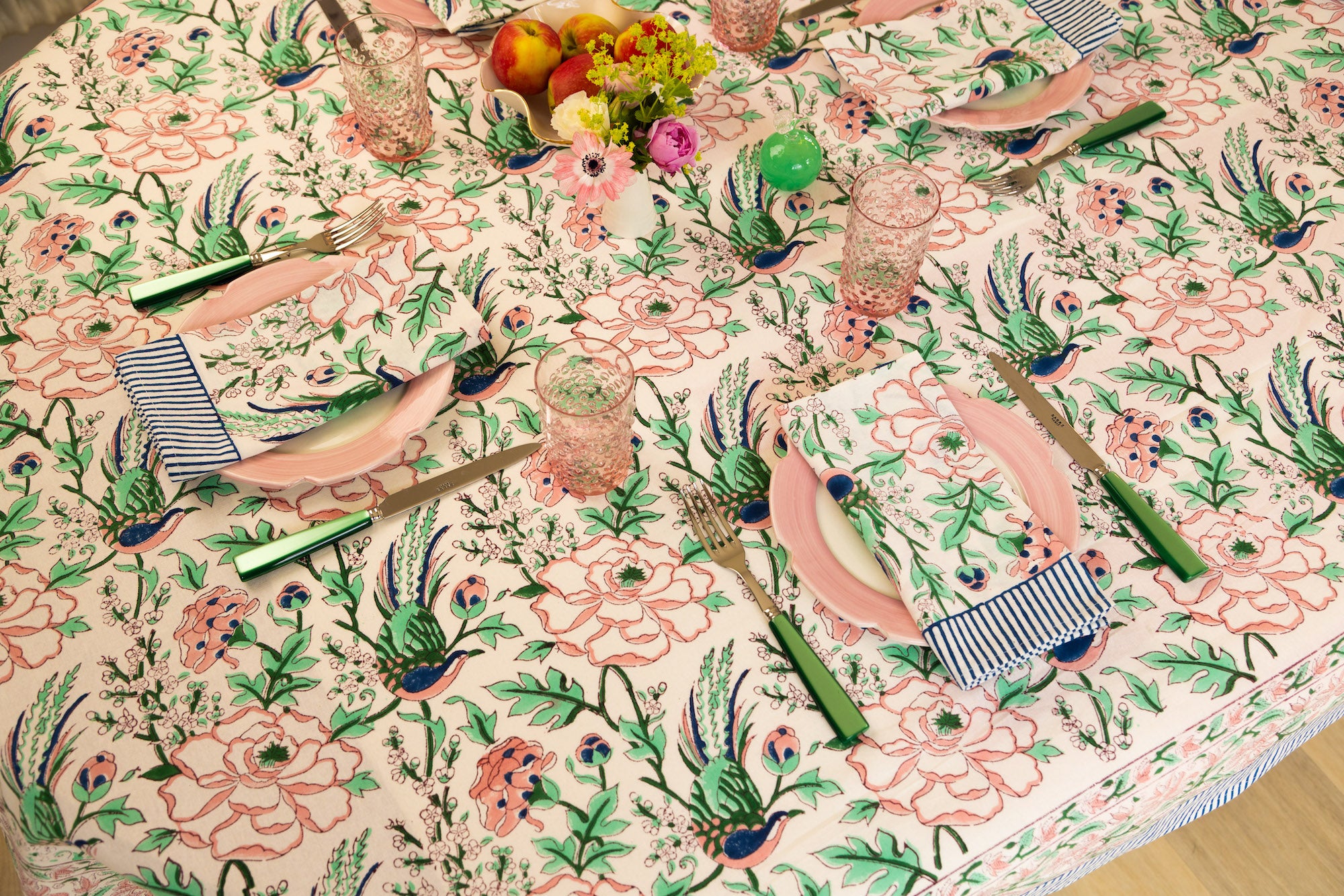Pink, green and blue paradise print table cloth