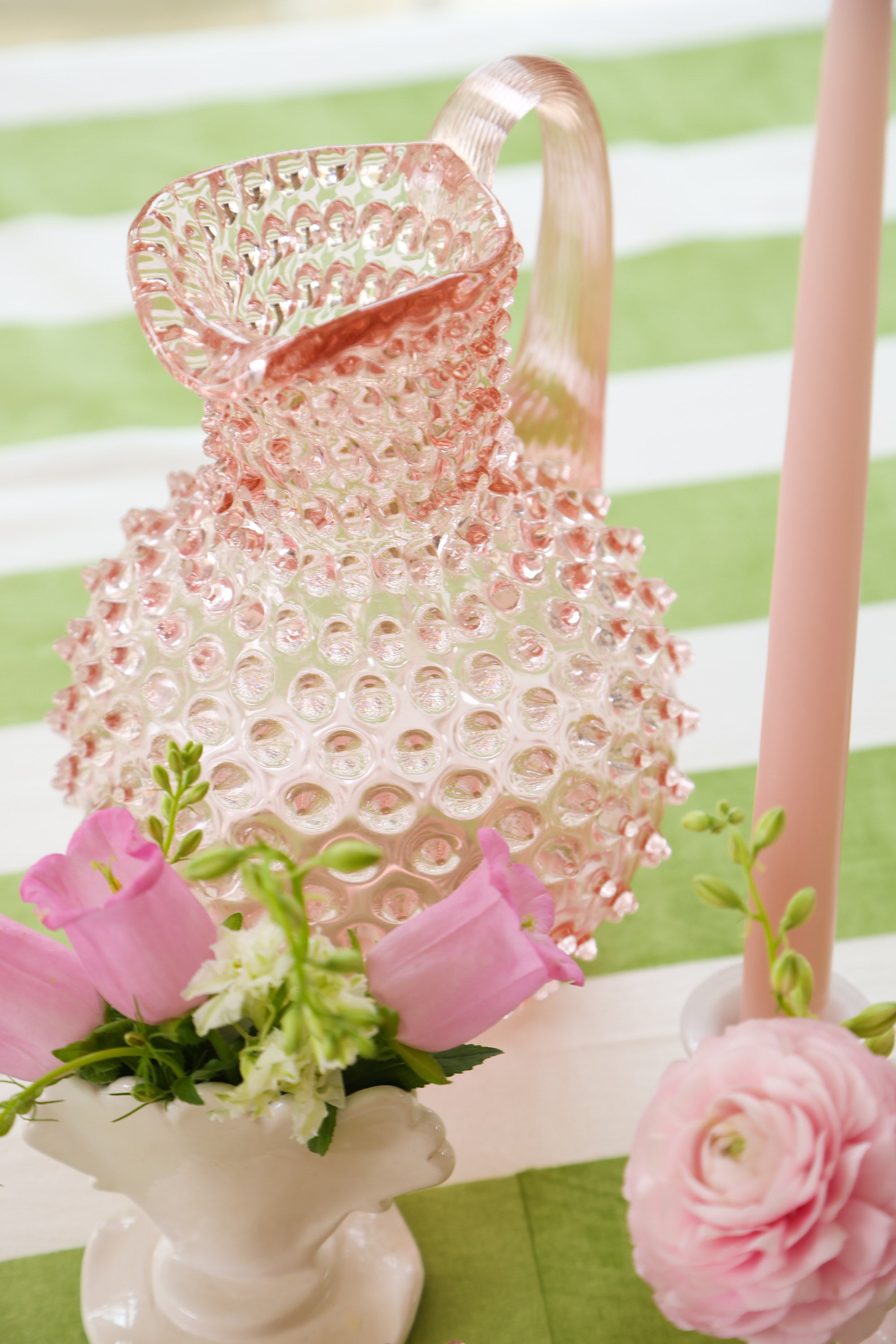 Pink Hobnail jug and scalloped vase