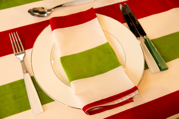 red, green and white striped table linen
