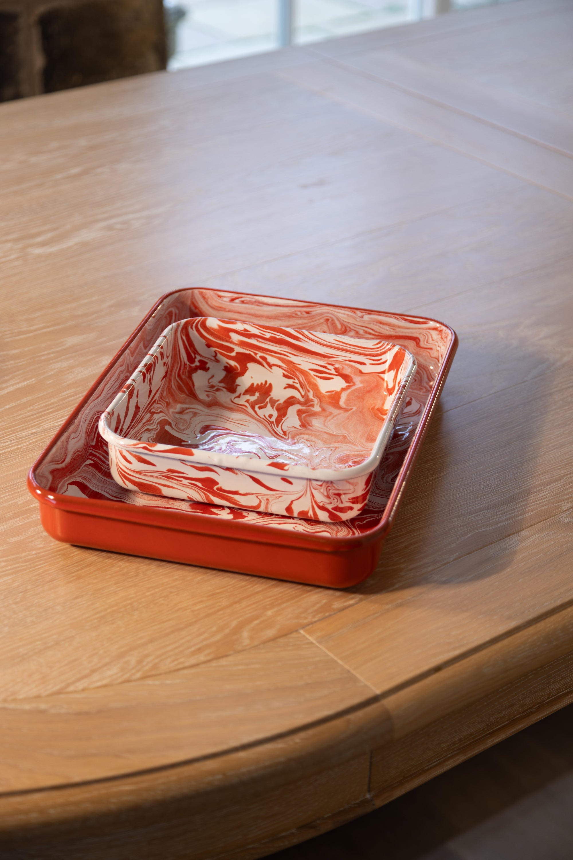red marble square enamel baking dish