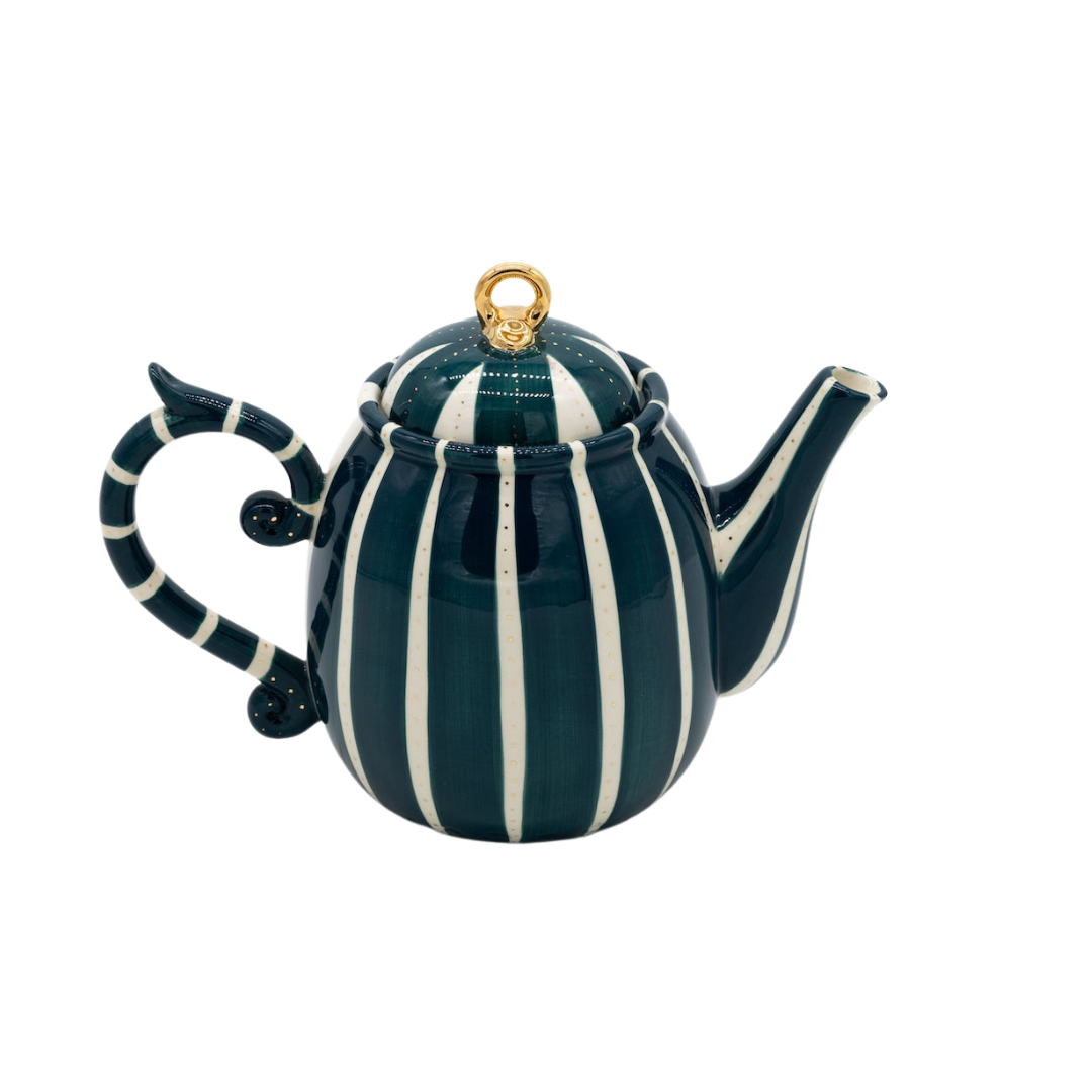 Miranda Berrow striped teapot in peacock green