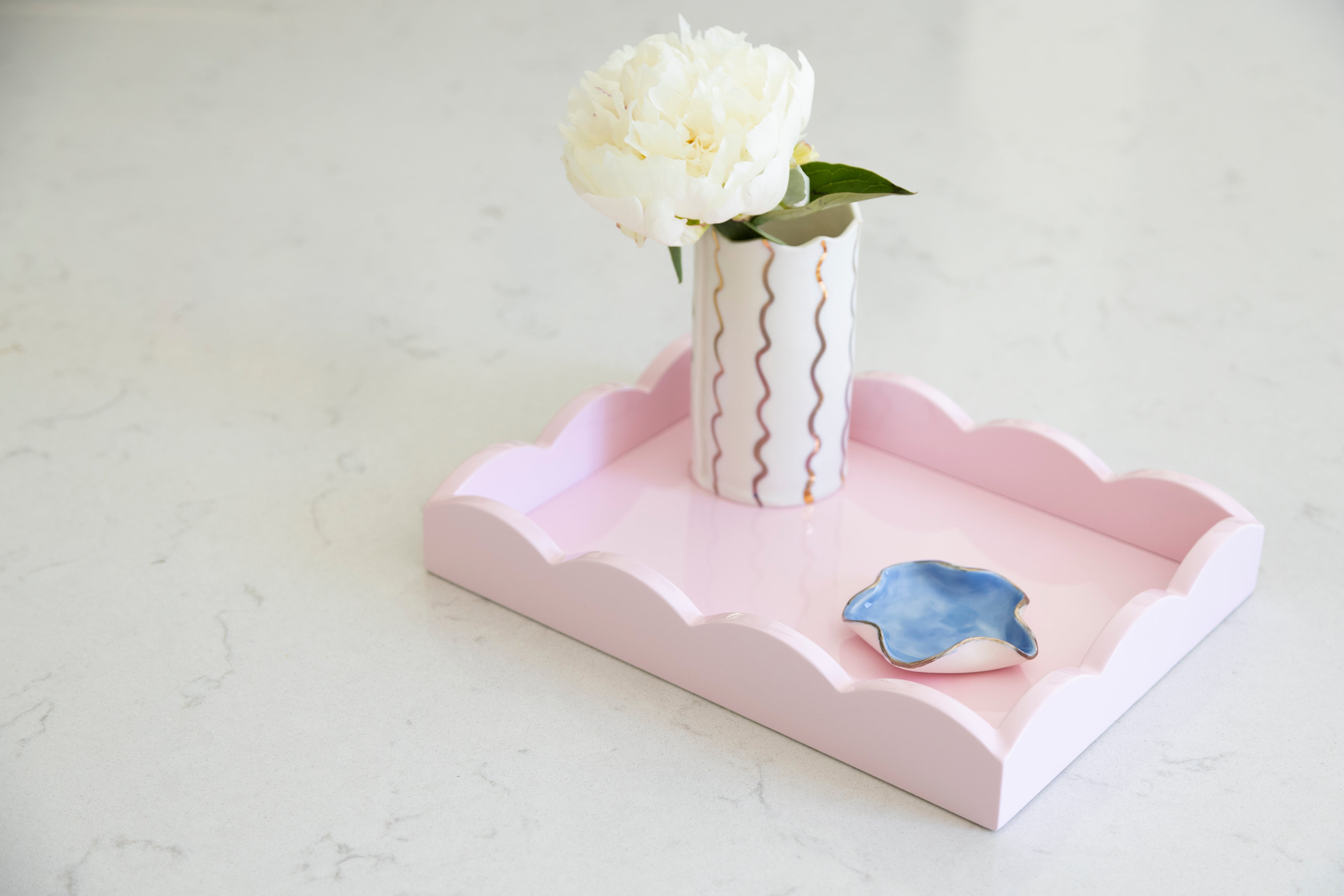 Small pale pink scalloped tray with Joanna Ling trinket dish and vase