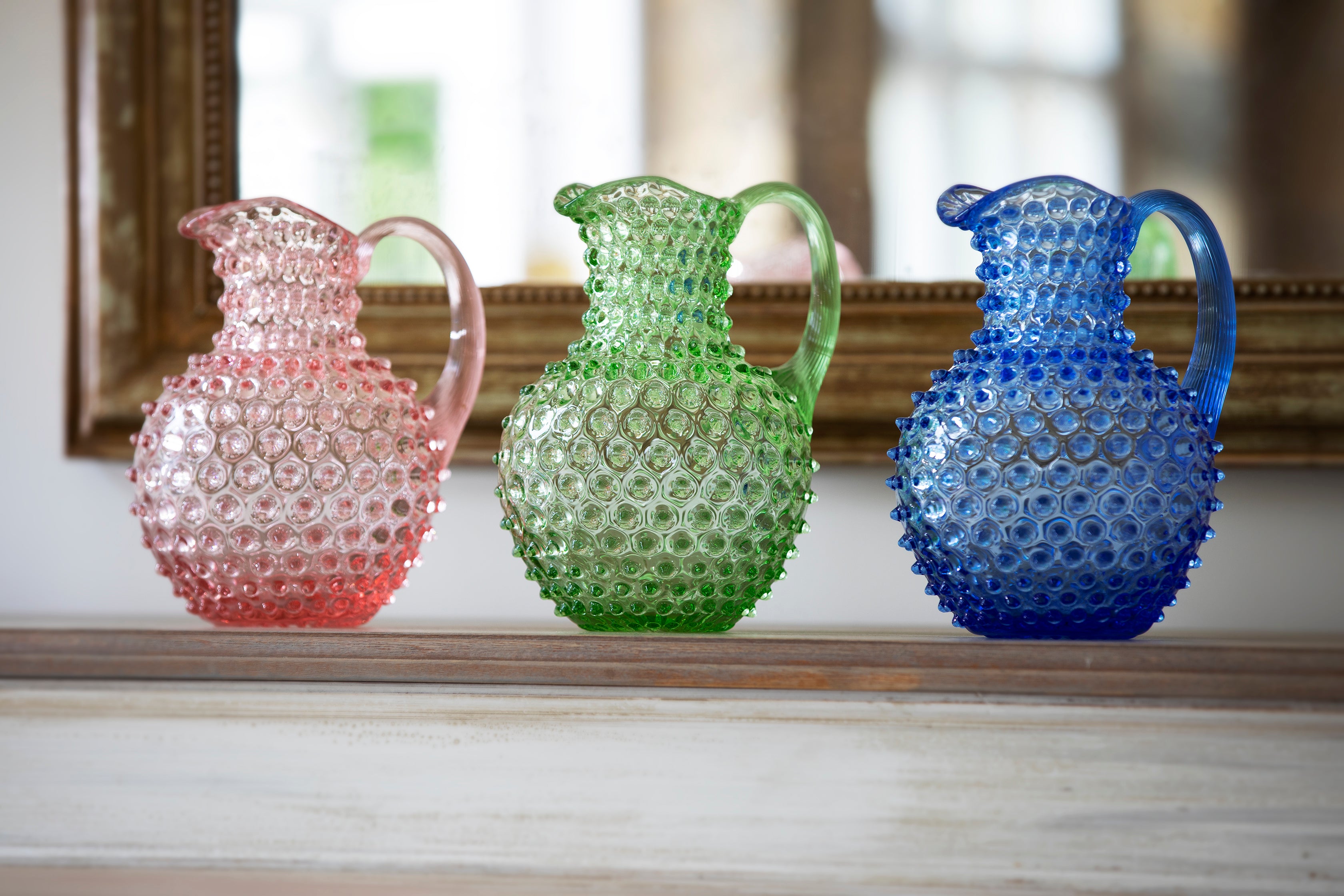 Hobnail glass jugs | Pink, Light green, Light blue | osski