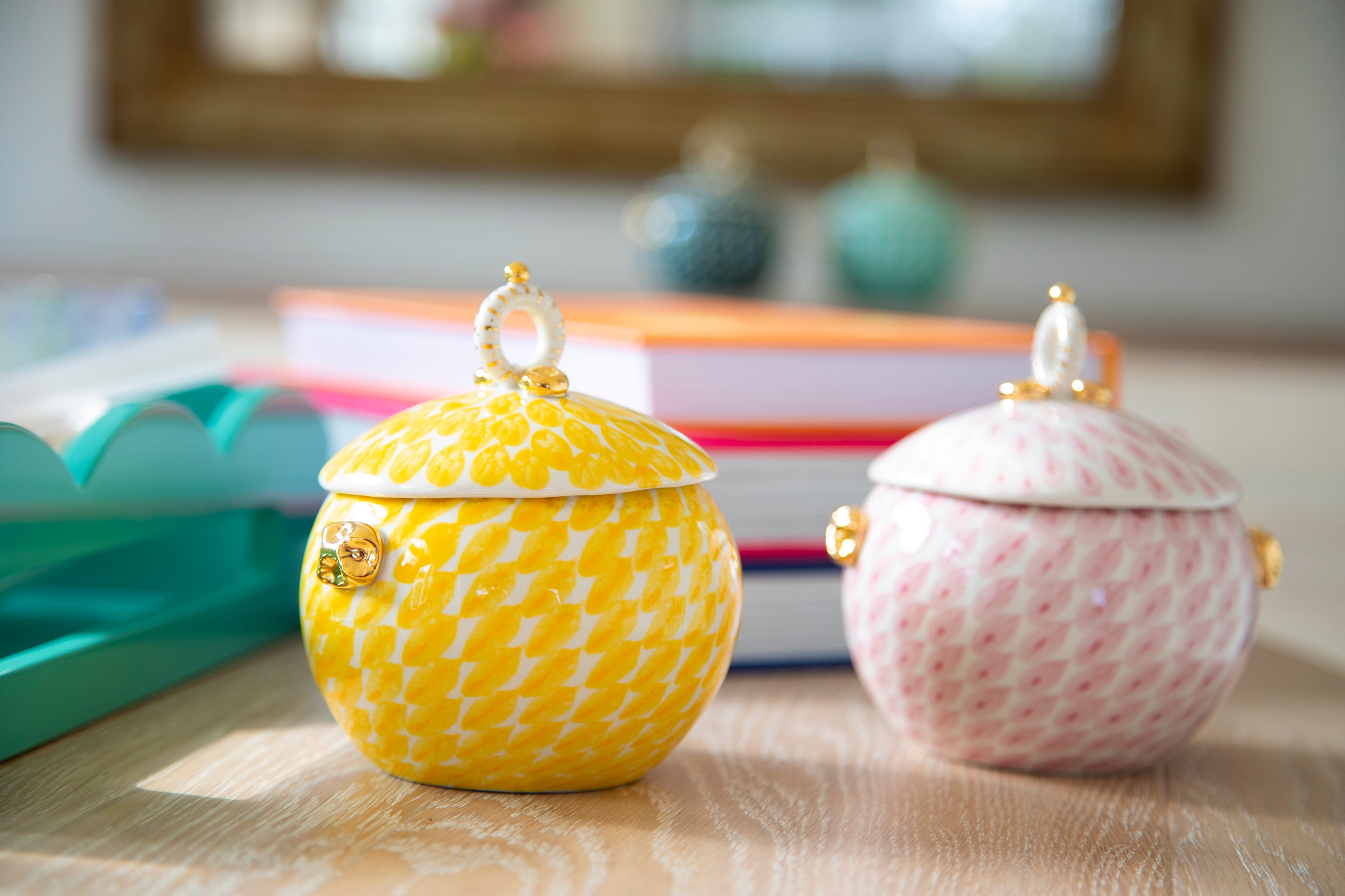 Miranda Berrow yellow and pink lidded sugar bowl