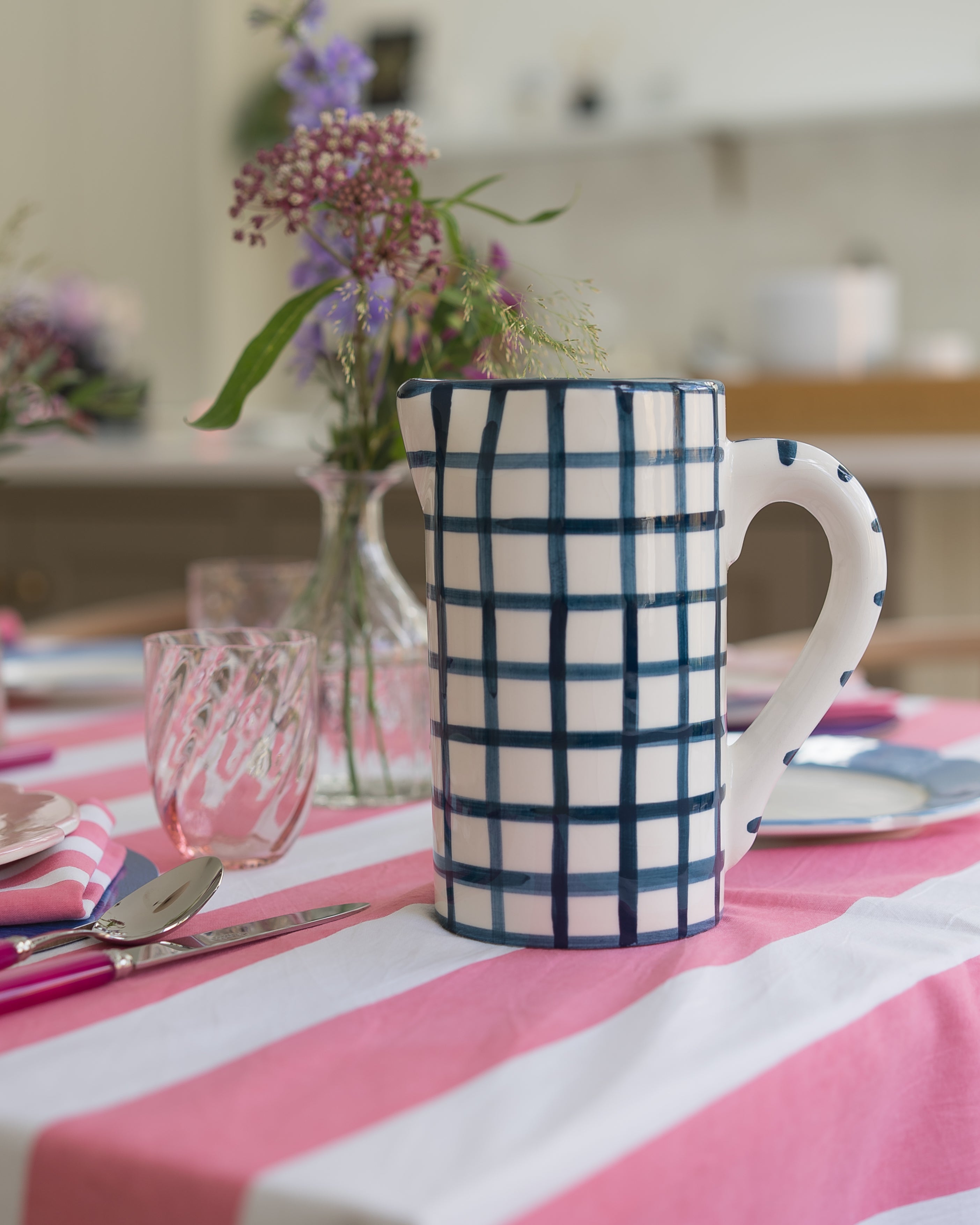 Ceramic jug | Navy blue gingham | Vaisselle