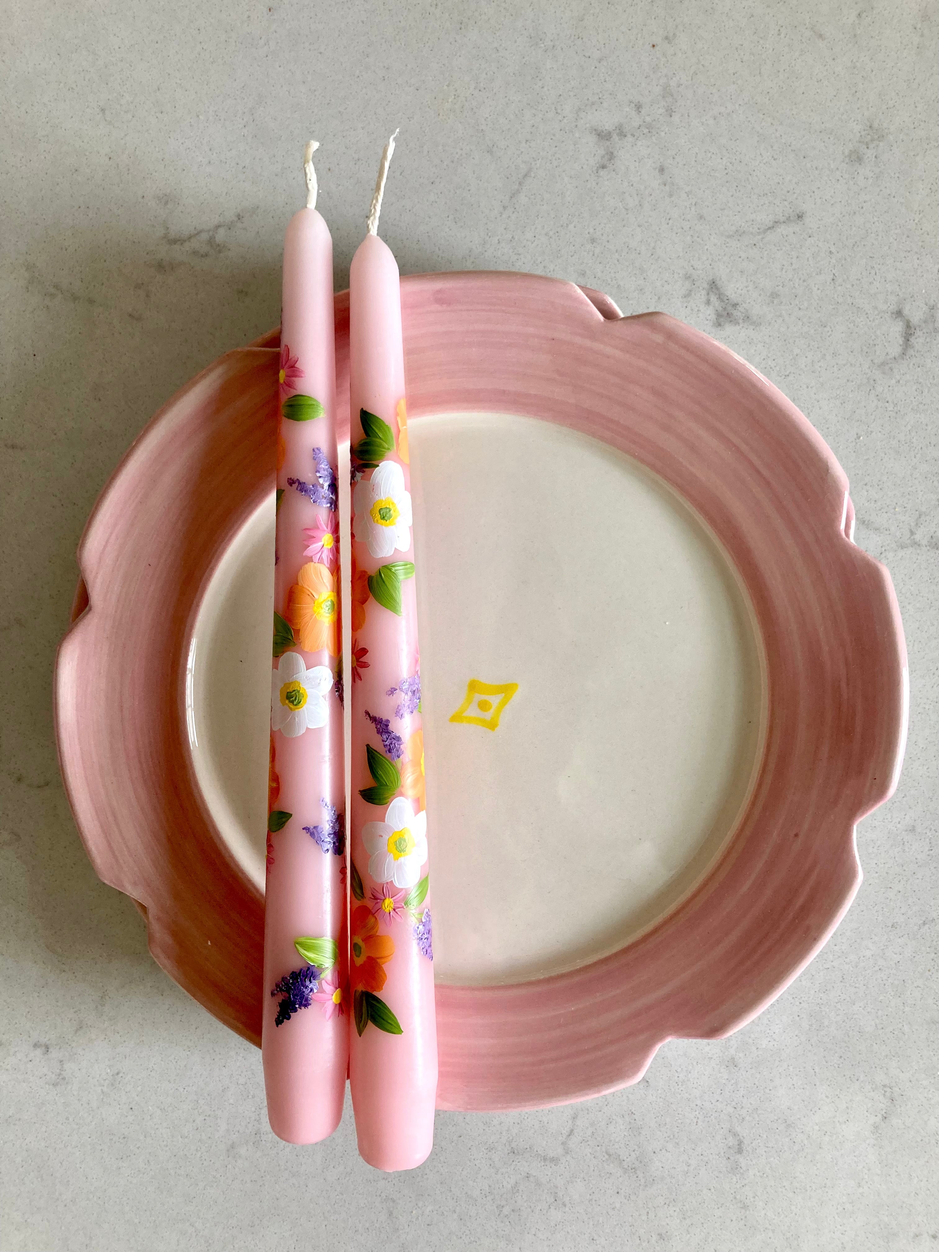 Hand painted candles | Pink with flowers