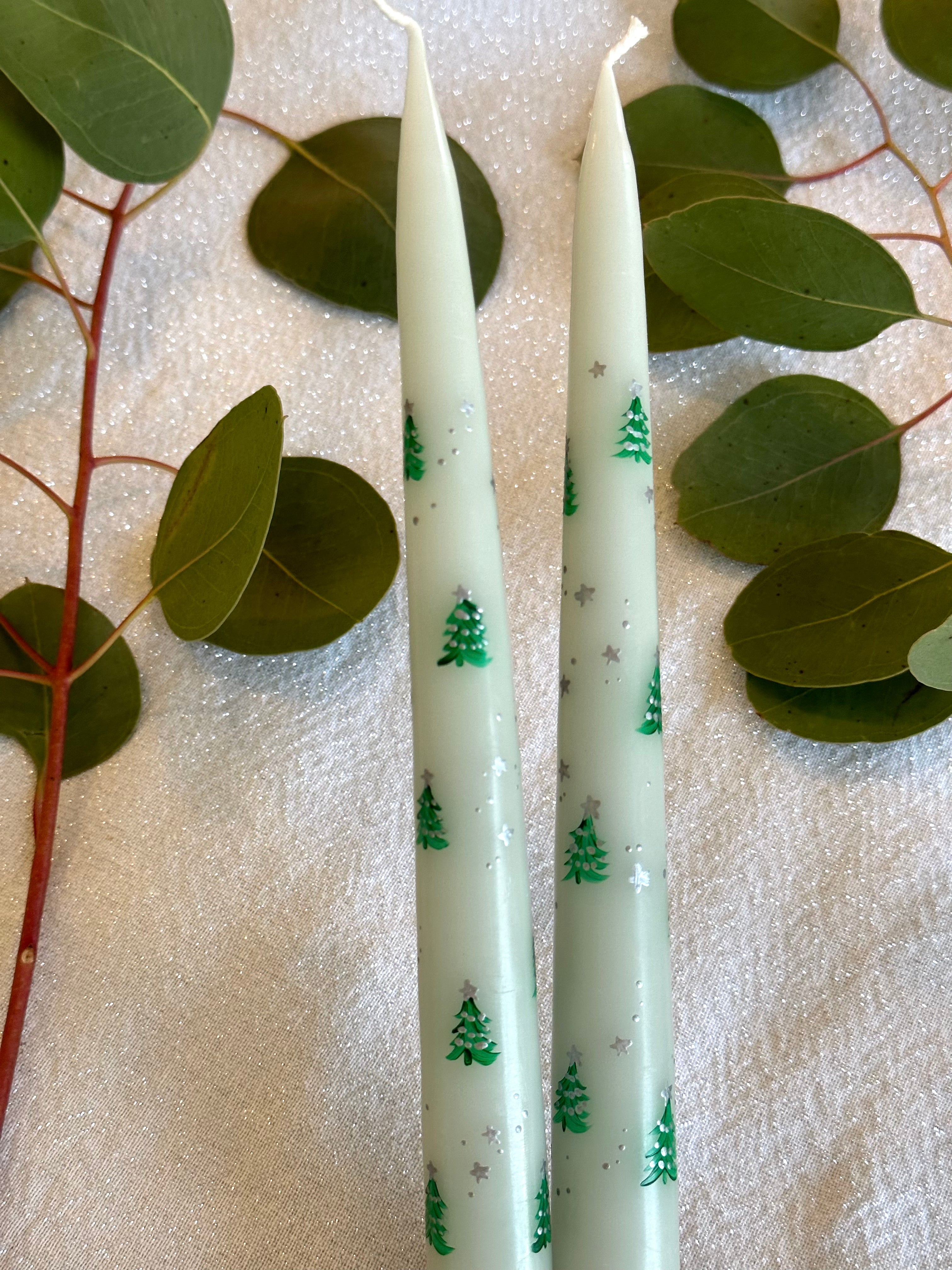 Hand painted candle | pale green with christmas trees and silver stars | Bable