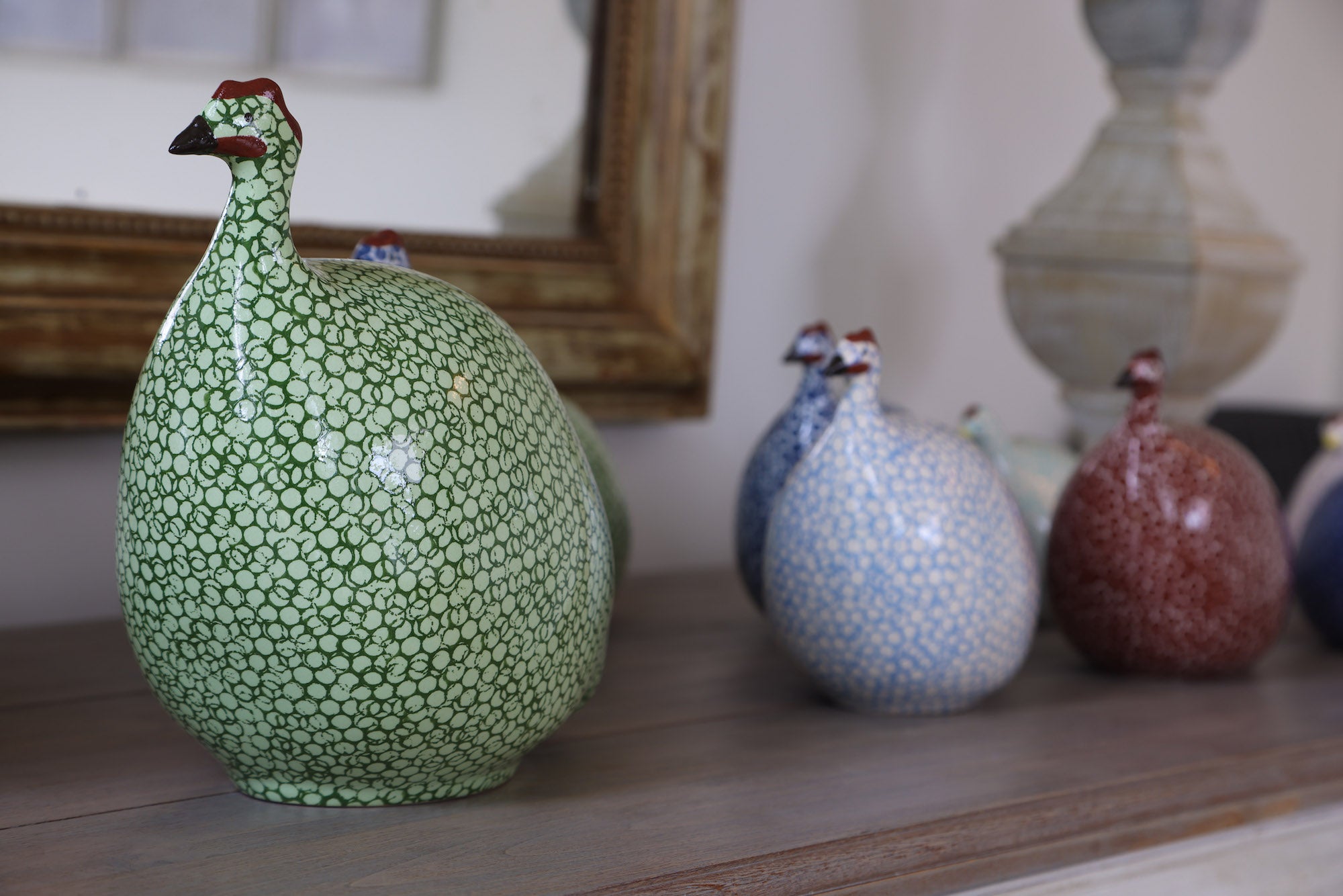 Ceramic Guinea Fowl | Green with green spots | Large