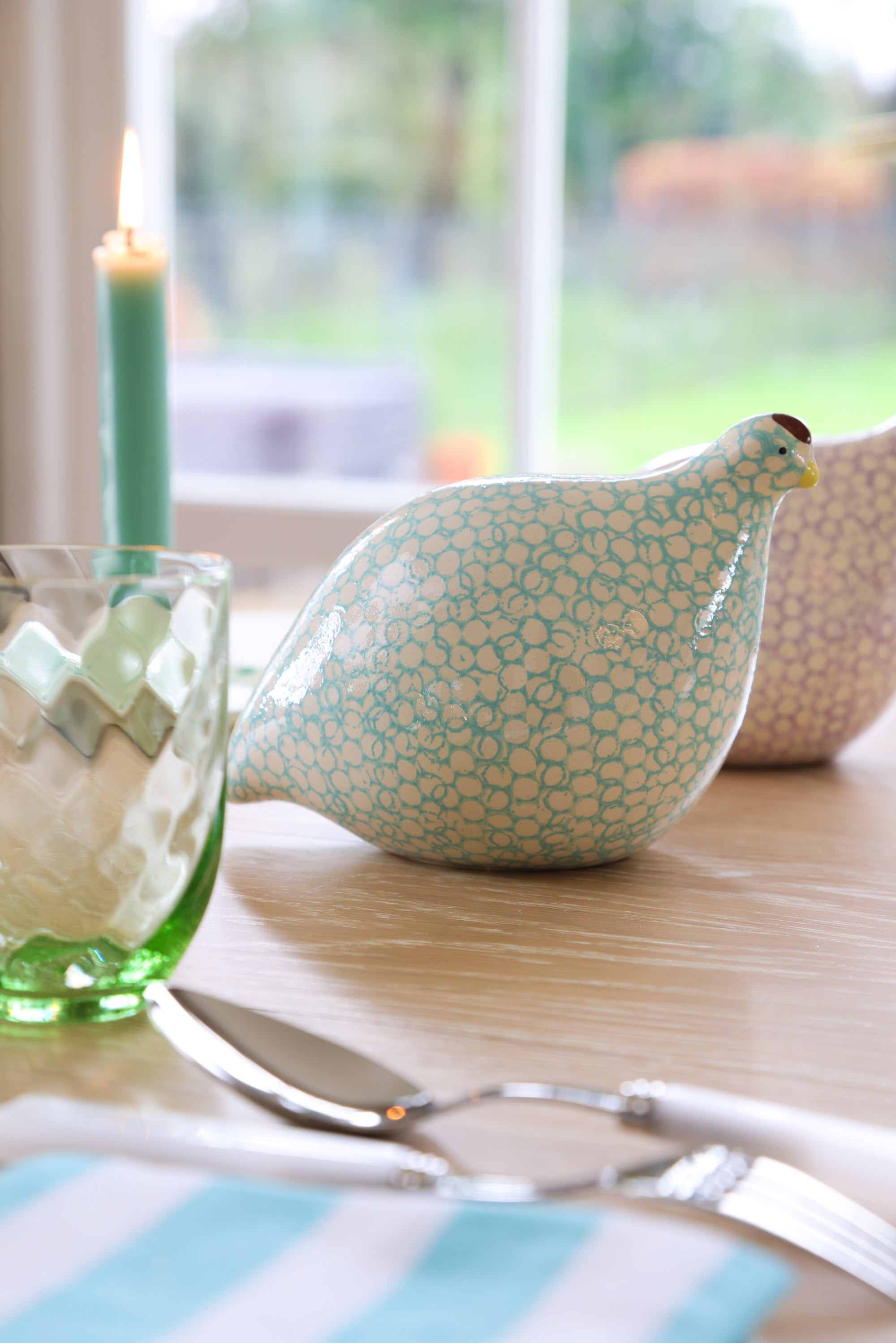 Ceramic Quail | White with turquoise spots