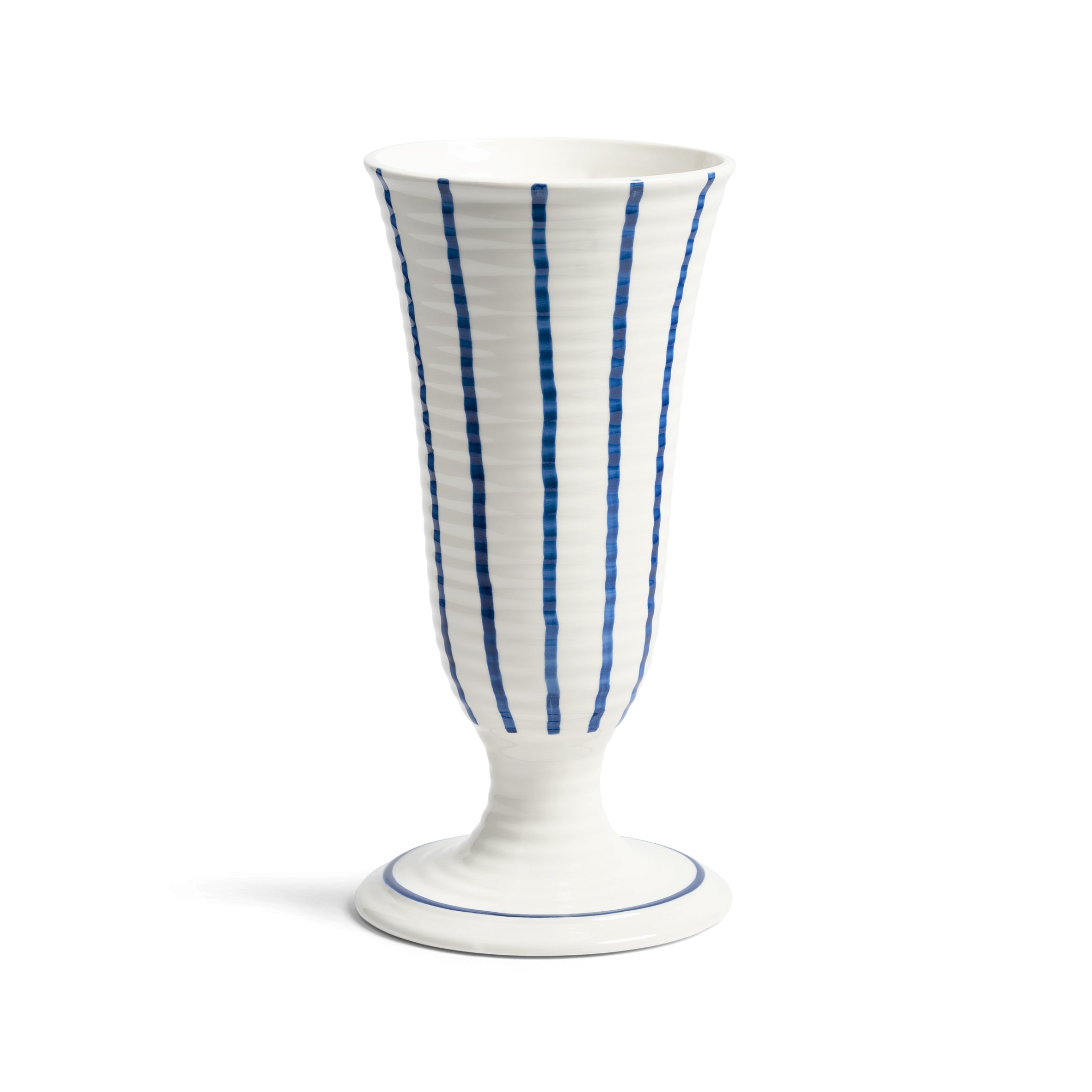 White vase with blue stripes on a white background