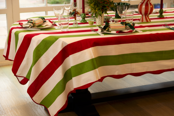 Red green and white wave edged table linen