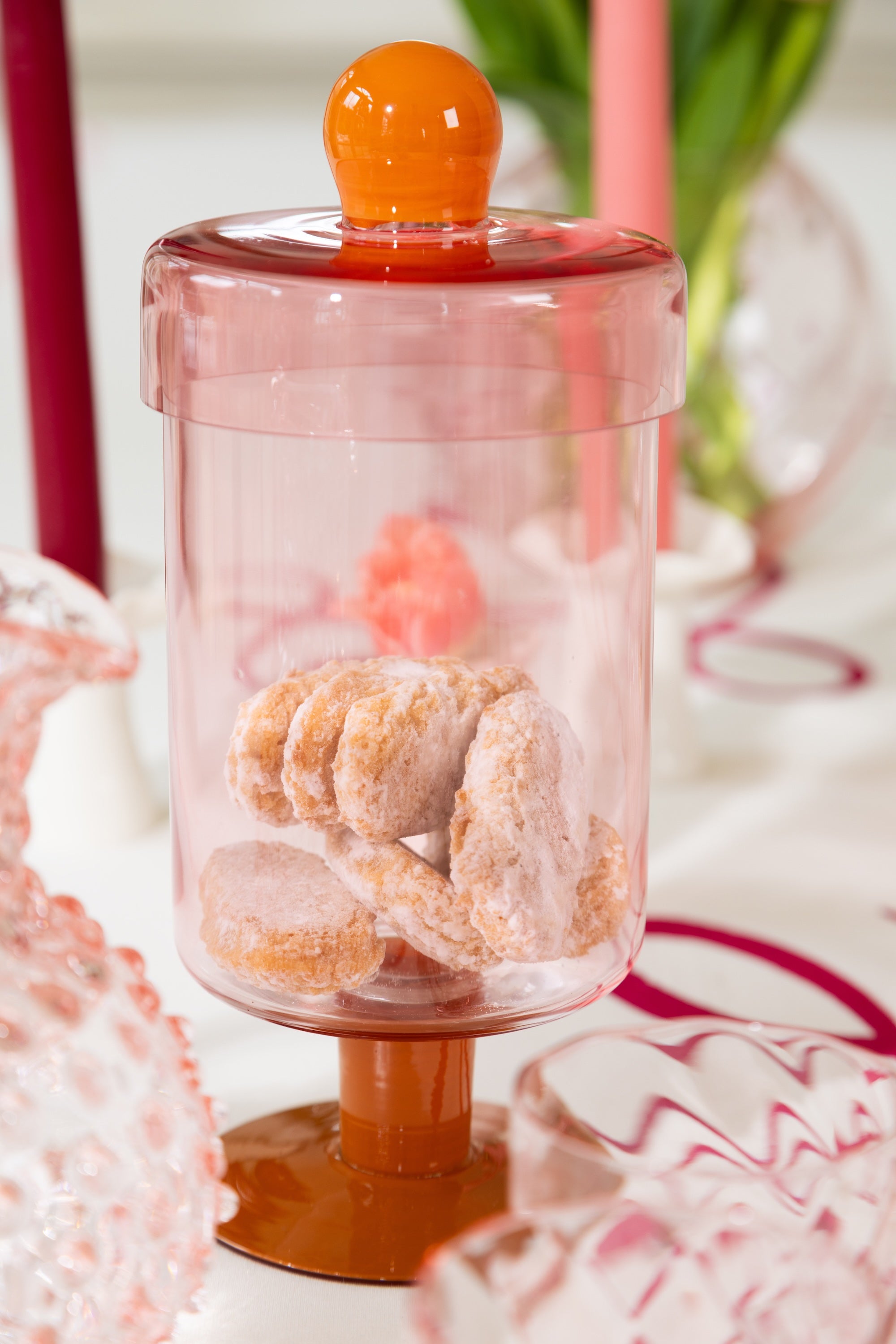Pink cookie jar with orange details
