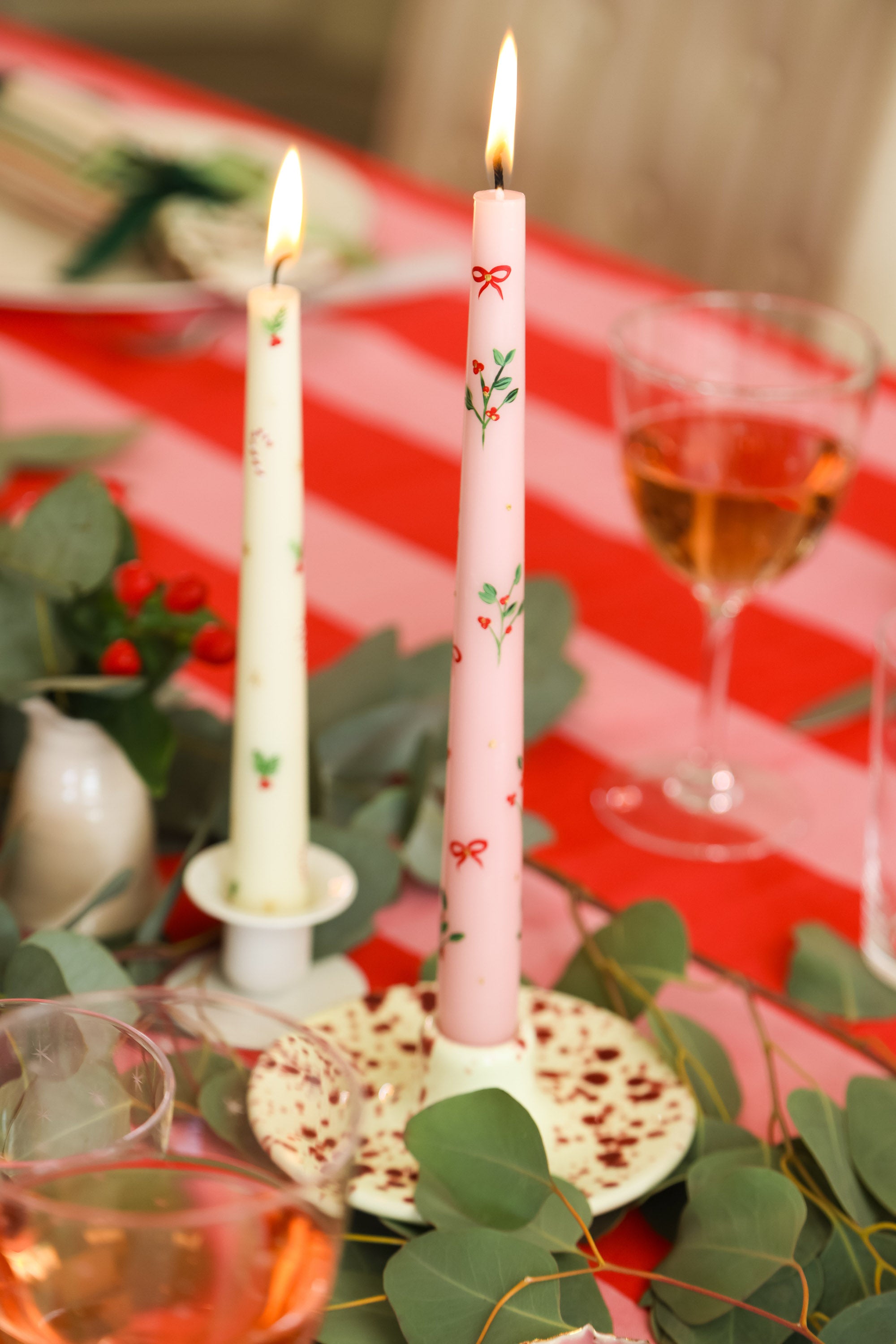 Hand painted Candle | Christmas | Pink with posy & bows