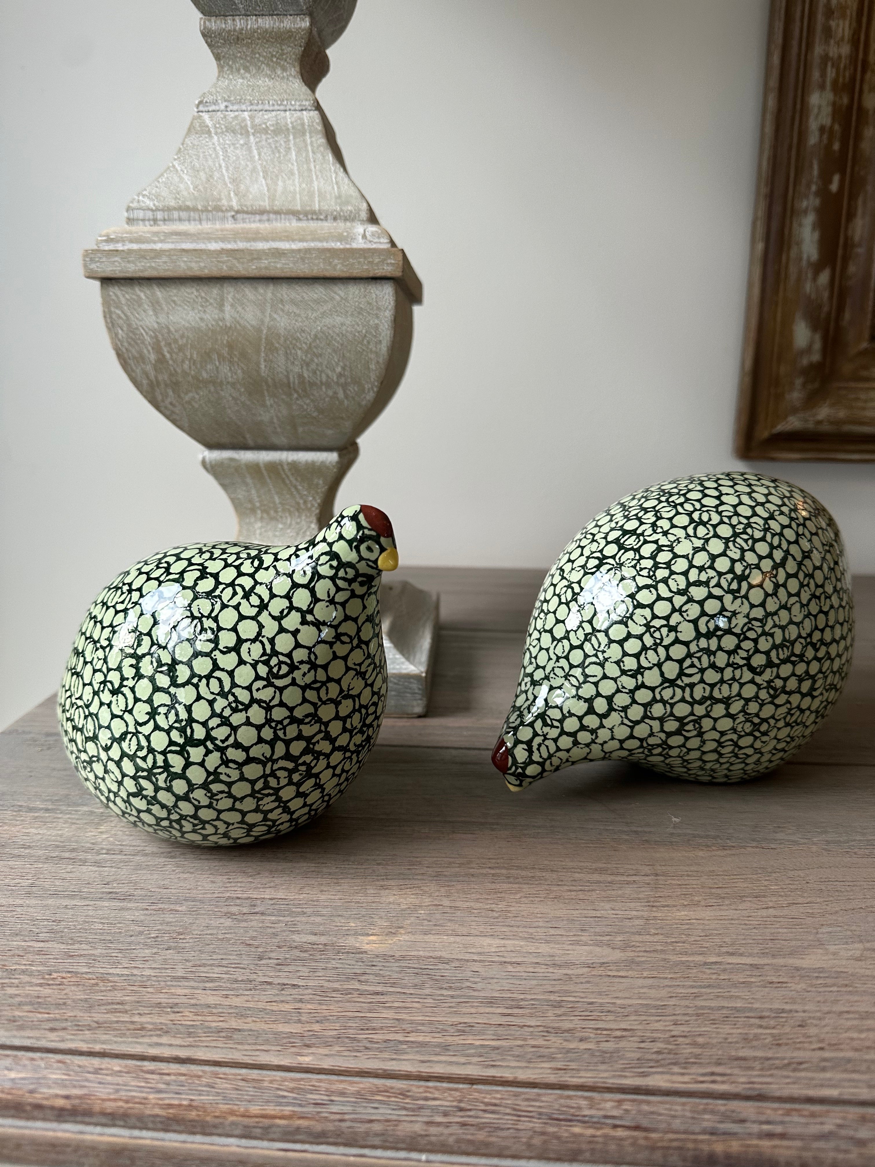 Pecking green ceramic quail