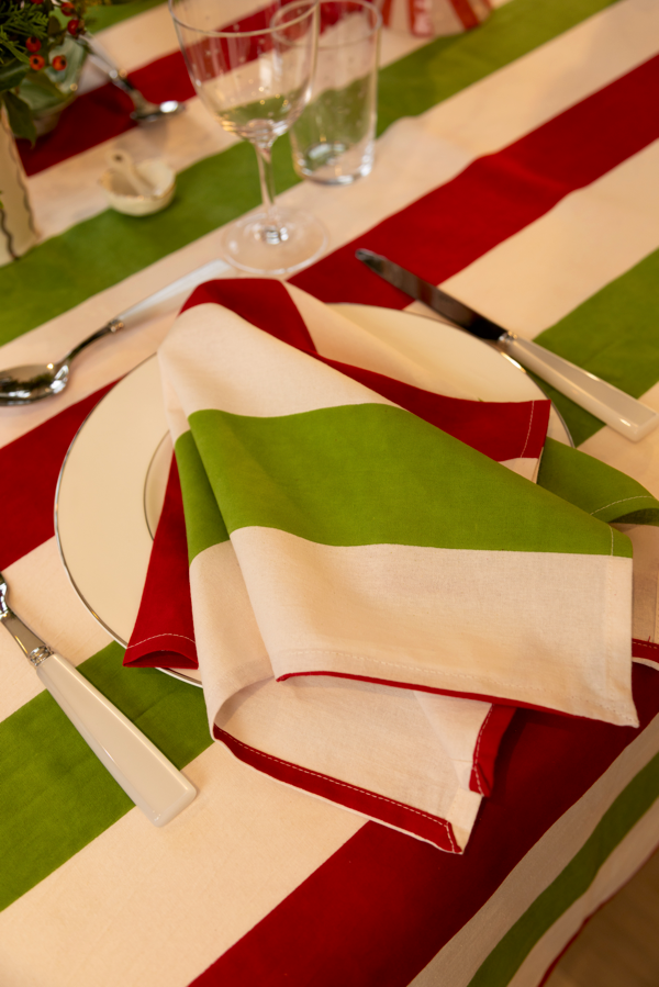 Red and green striped napkin and table linen