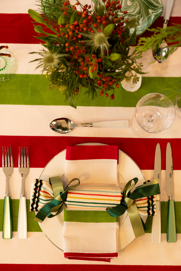 Red, green and white stripe table linen