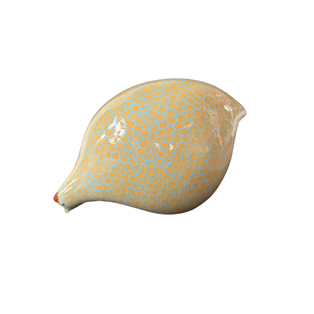 Ceramic quail, turquoise with yellow spots