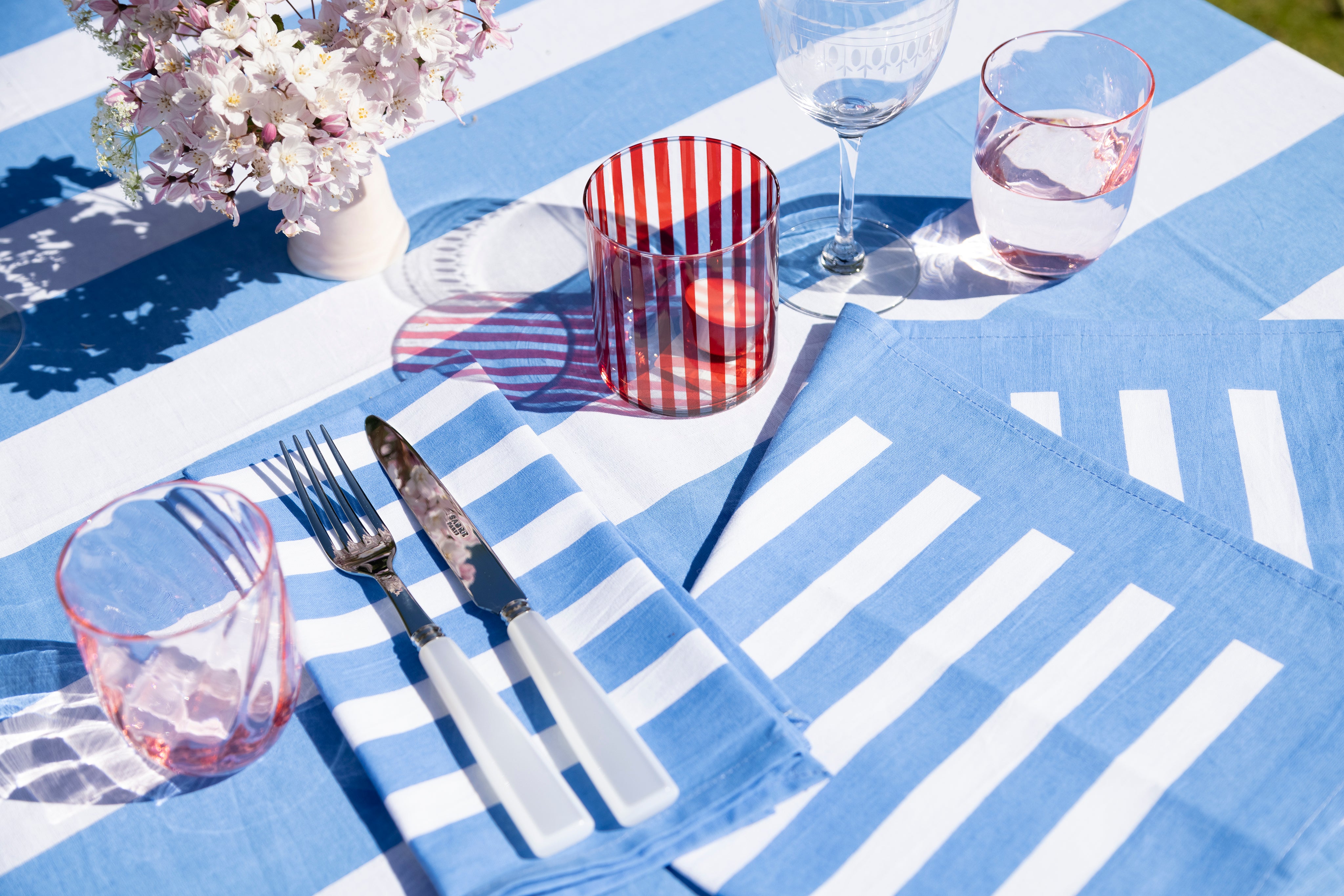 Blue and white striped table linen