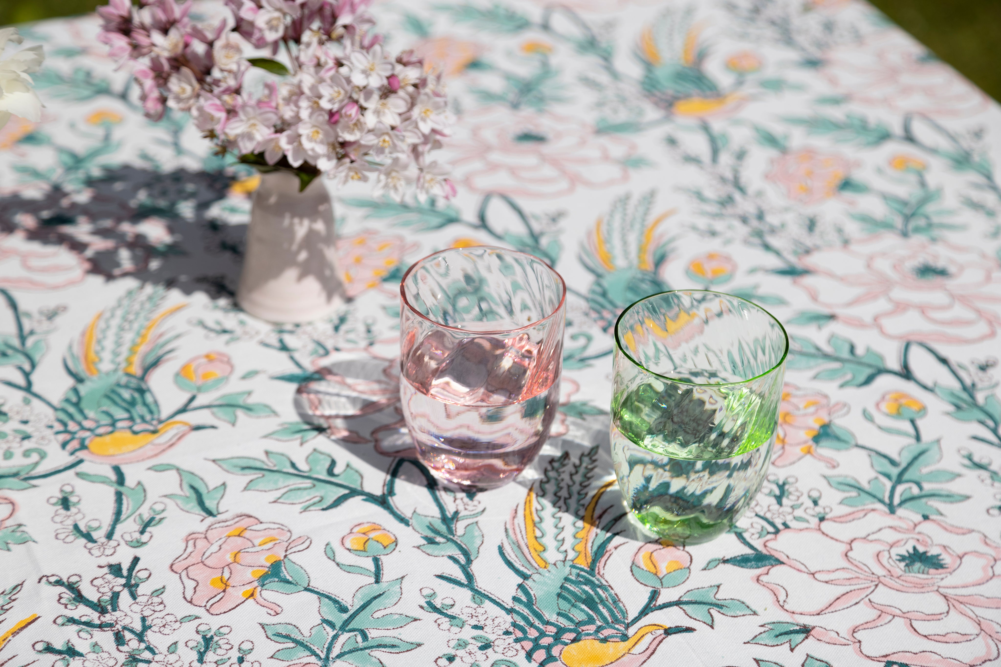 Tropical paradise table cloth in pink green and peach