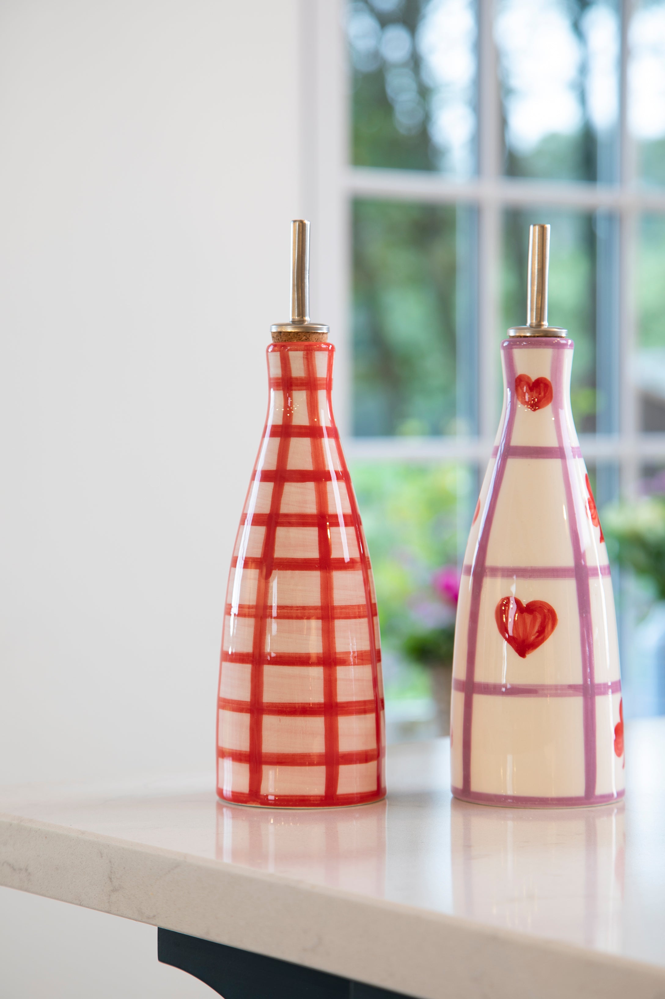 Oil Dispenser | Lilac & White Gingham with Red Detail
