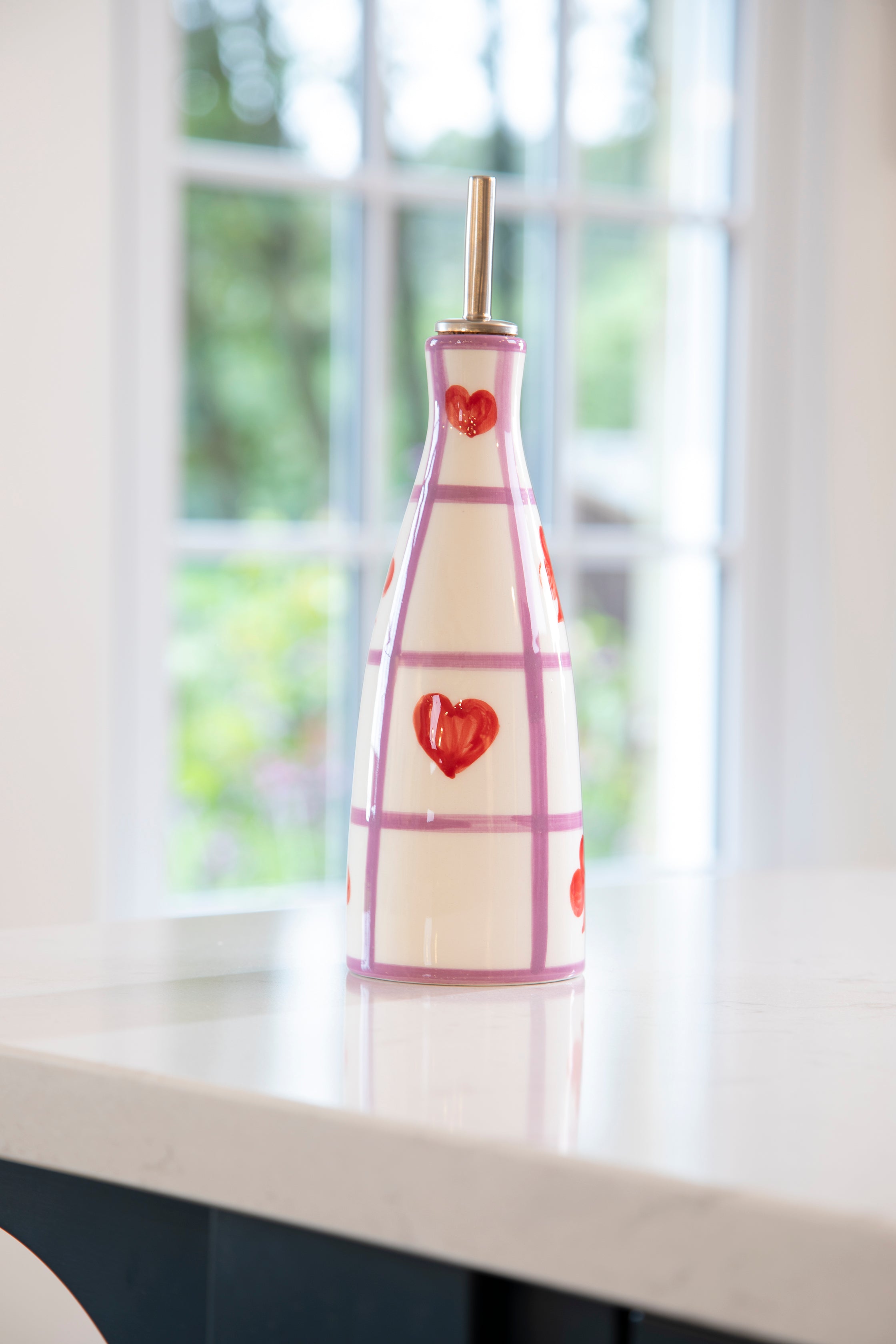 Oil Dispenser | Lilac & White Gingham with Red Detail