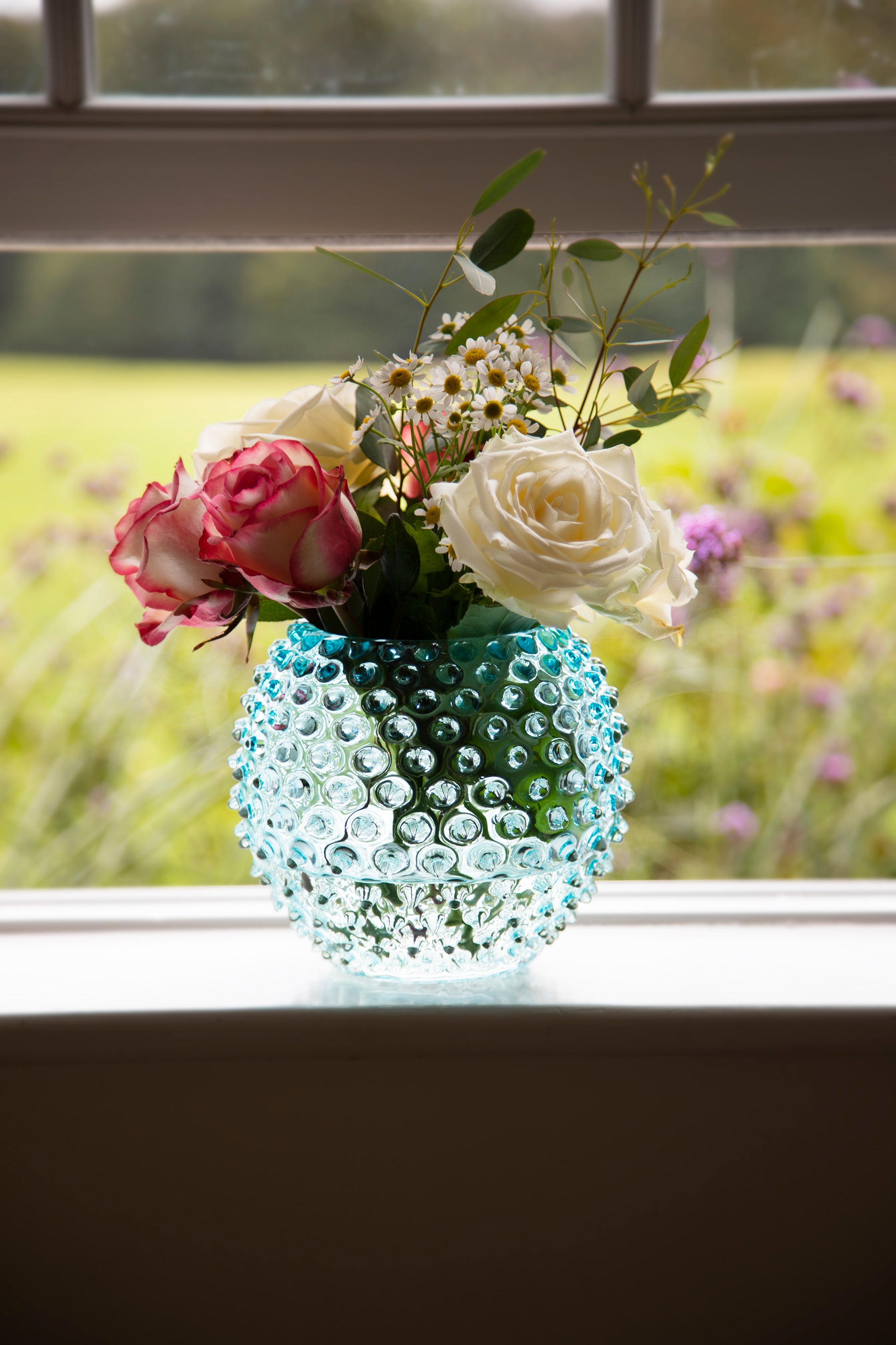 Underlay aquamarine hobnail vase