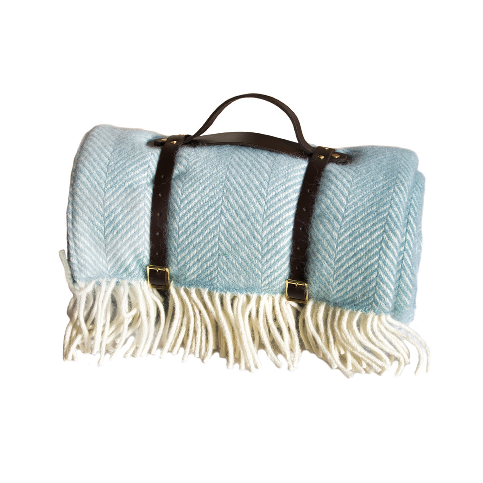 Picnic Rug | Light blue herringbone with leather strap, waterproof back