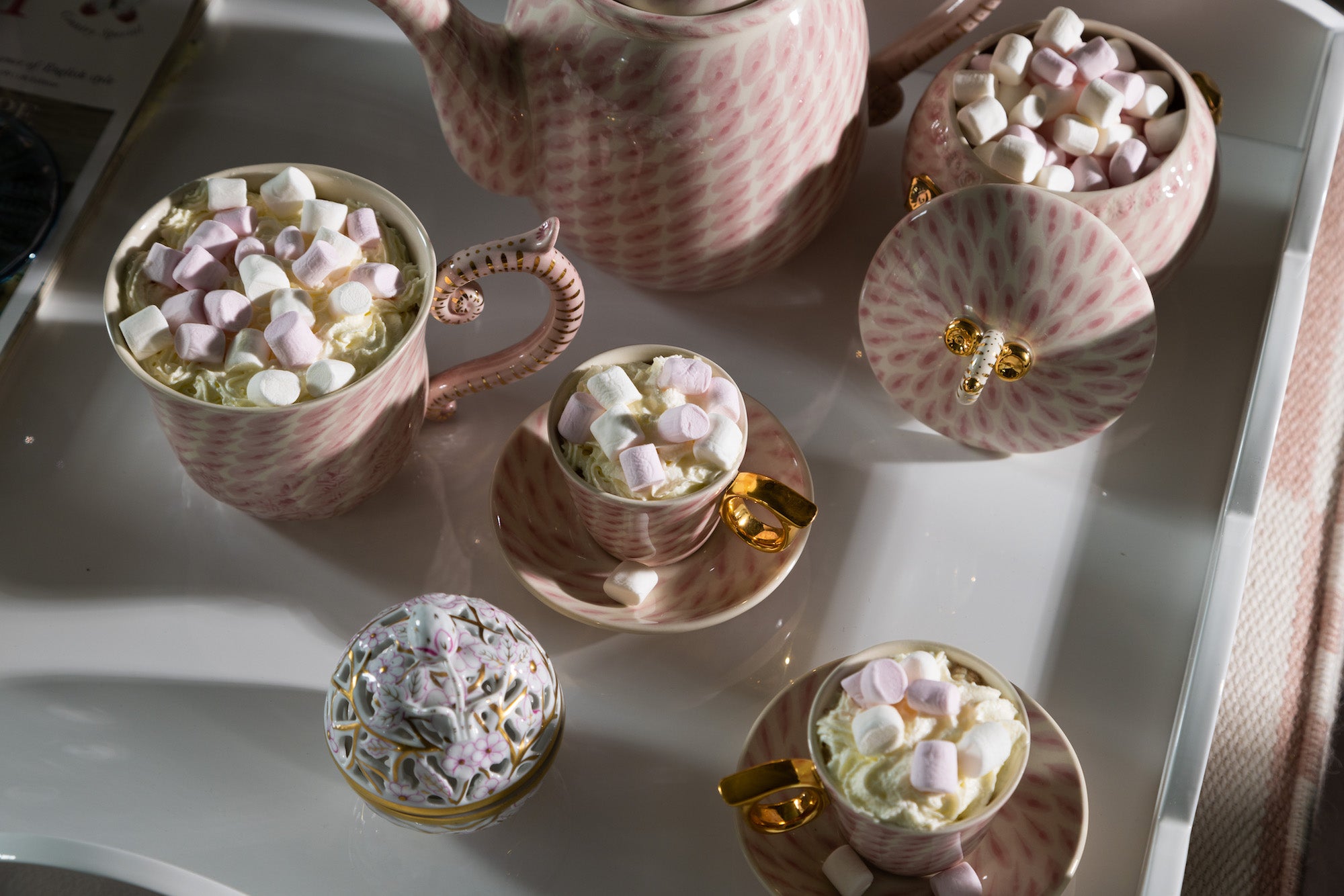 Pink Miranda Berrow tea cups, sugar bowl and teapot